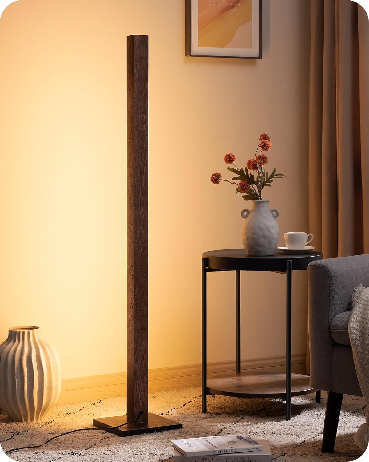 Minimalist Wooden LED Corner Floor Lamp with Remote & Stepless Dimming