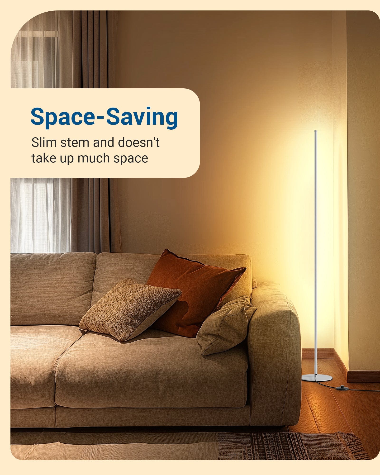 DEWENWILS LED Corner Floor Lamp, Set of 2 Modern Dimmable Mood Floor Light, 57.5" Minimalist Standing Tall Lamp for Living Room, Bedroom, Office, 3000K Warm White Light (White)-HFLW02T