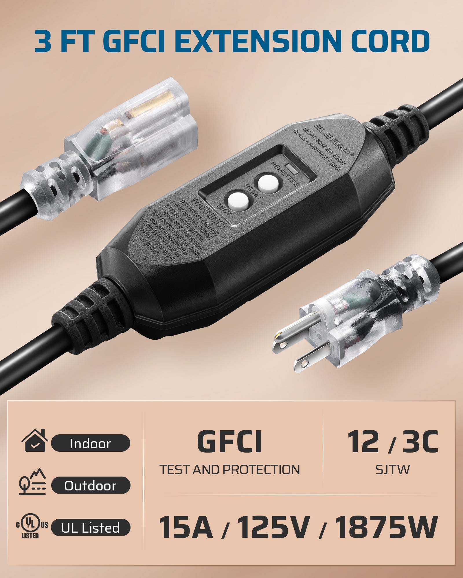 DEWENWILS 3 FT Automatic GFCI Extension Cord Outdoor, 12/3 Gauge Extension Cord for Multiple Appliances, Heavy Duty Power Cable with LED Lighted 3 Prong Plug, Black-HGFB03A