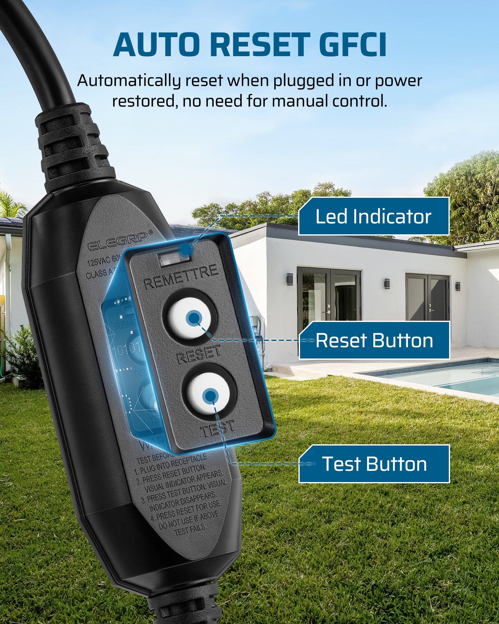 DEWENWILS 3Ft Automatic GFCI Extension Cord Outdoor, 12/3 SJTW Heavy Duty Extension Cord, Power Cord with LED Lighted 3 Prong Plug, 15A/125V/1875W, Black-HGFB03C