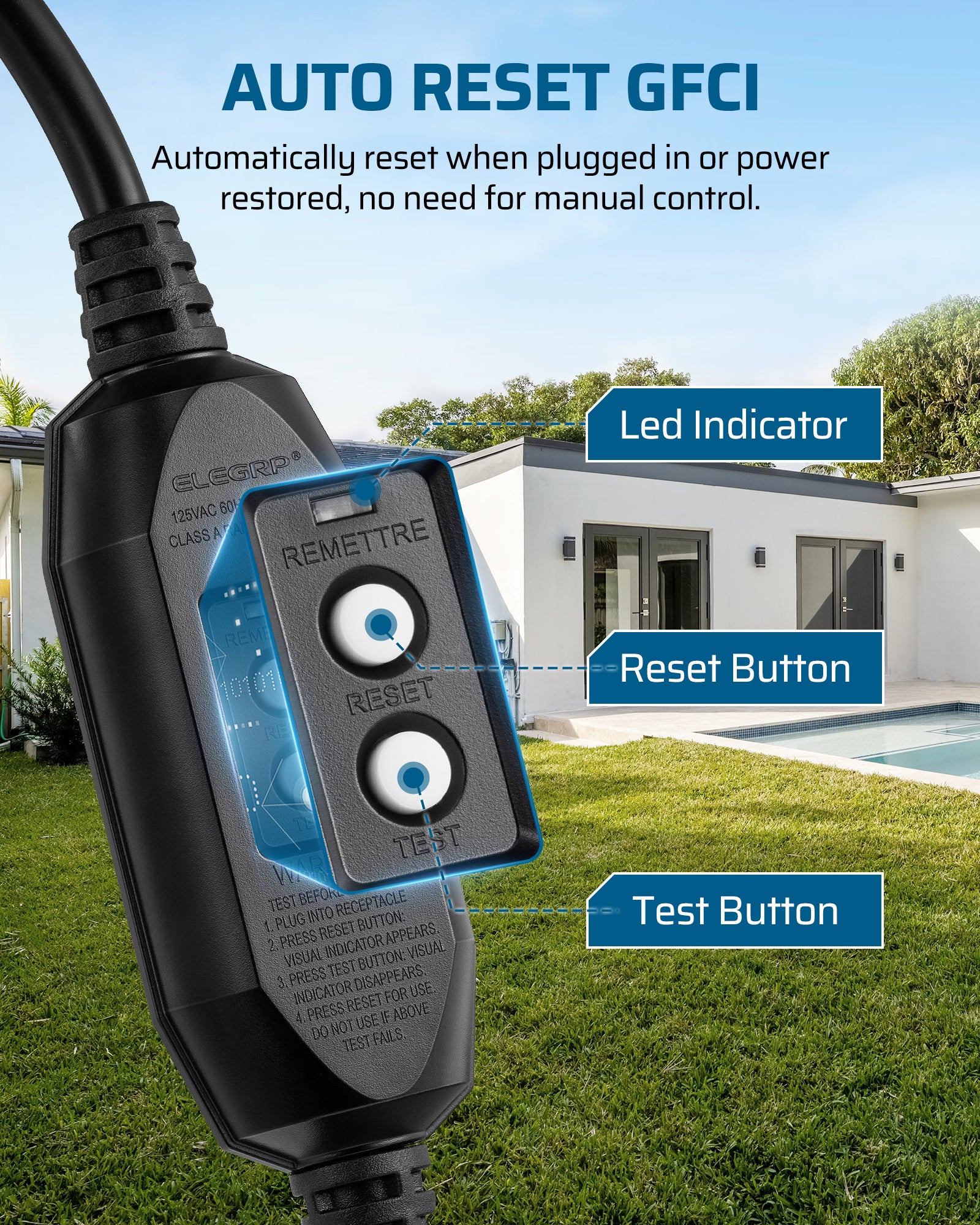 DEWENWILS 3 FT Automatic GFCI Extension Cord Outdoor, 12/3 Gauge Extension Cord for Multiple Appliances, Heavy Duty Power Cable with LED Lighted 3 Prong Plug, Black-HGFB03A