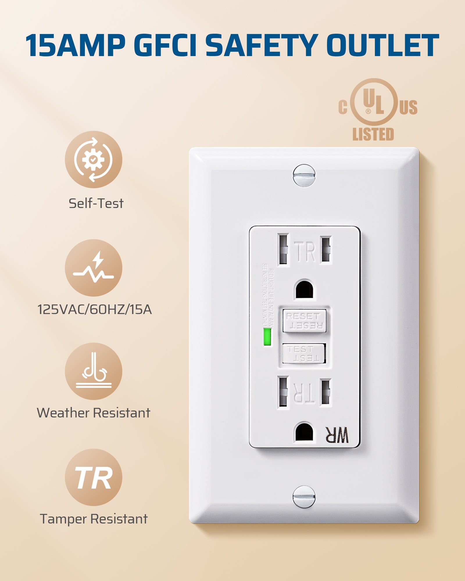 DEWENWILS 2 Pack 15 Amp GFCI Outlet, Self-Test GFI Receptacles with LED Indicator, Tamper Resistant & Weather Resistant, Wallplate and Screws Included, White-HGFB15W