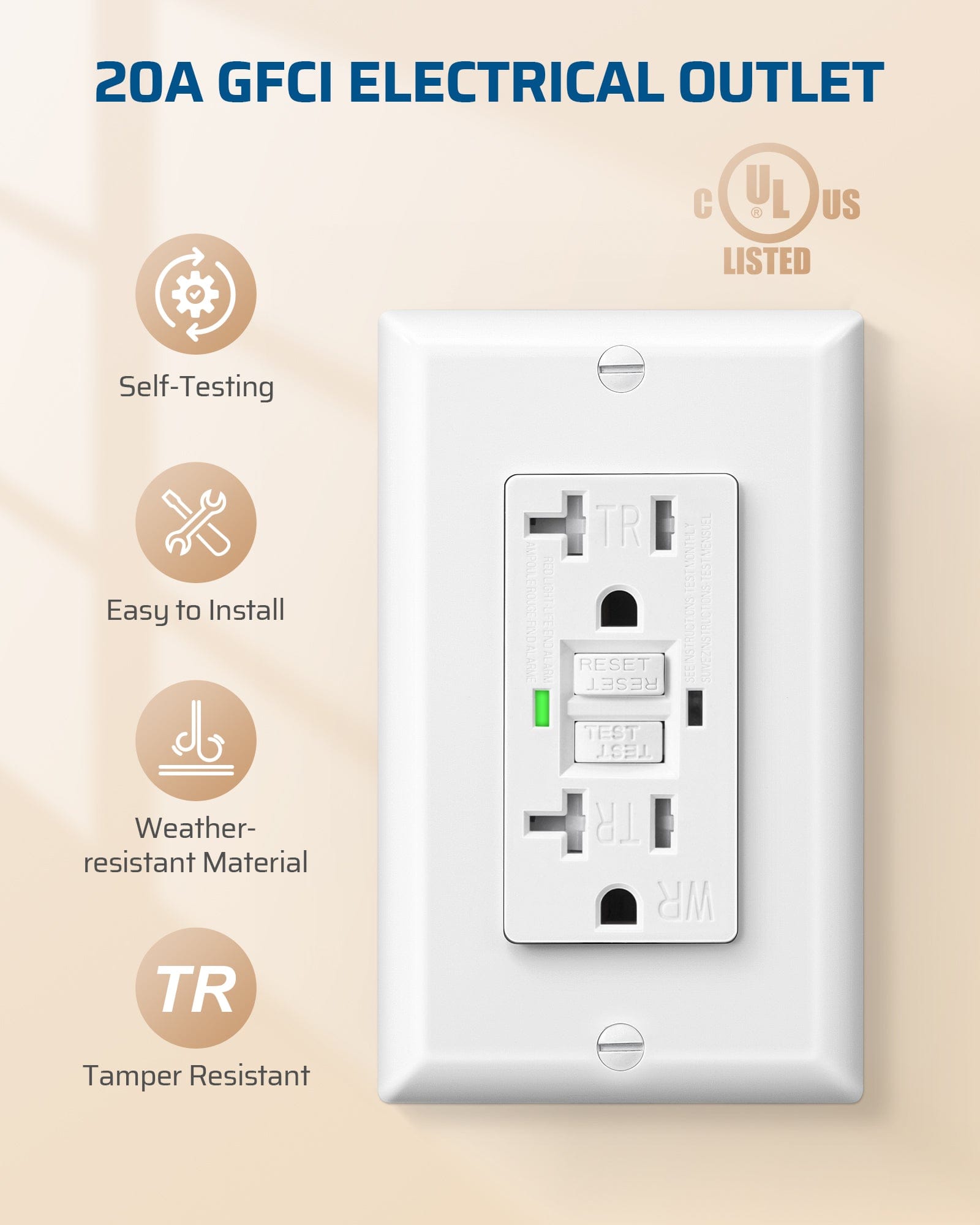 DEWENWILS GFCI Outlet 20Amp, 10-Pack Self-Test GFCI Electrical Outlet with LED Indicator, Tamper Resistant, Weather Resistant, Wallplate Included-HGFB20F