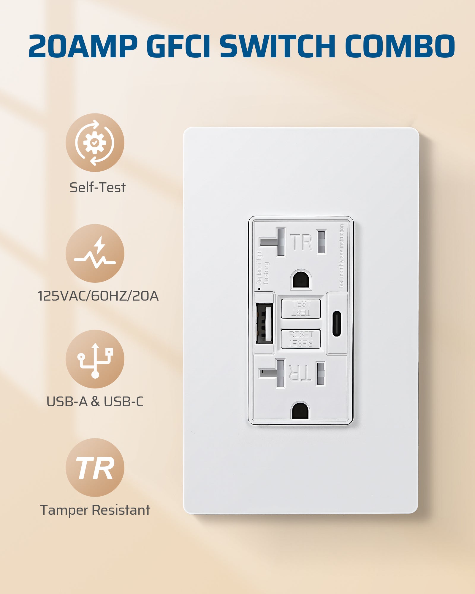 GFCI Outlet: 20A GFCI switch combo with self-test at 125VAC/60Hz, features USB-A and USB-C ports and tamper-resistant design for safe, convenient power and charging