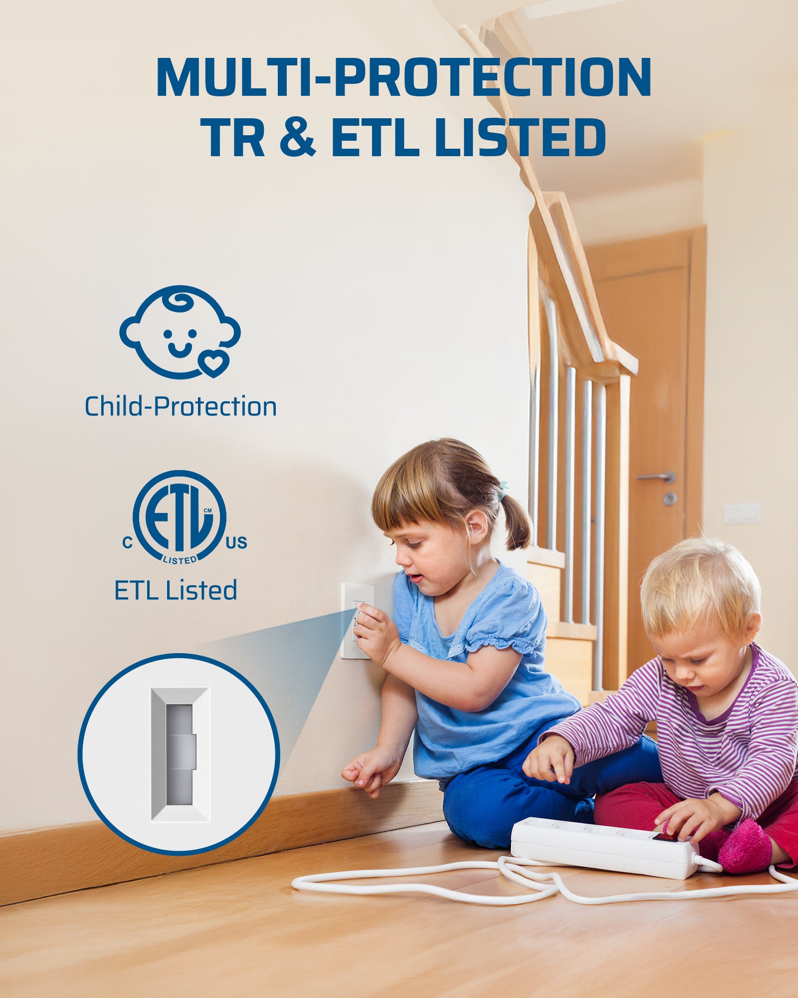 GFCI Outlet: ETL listed with multi-protection and tamper-resistant design, featuring child protection for enhanced electrical safety in residential and commercial use
