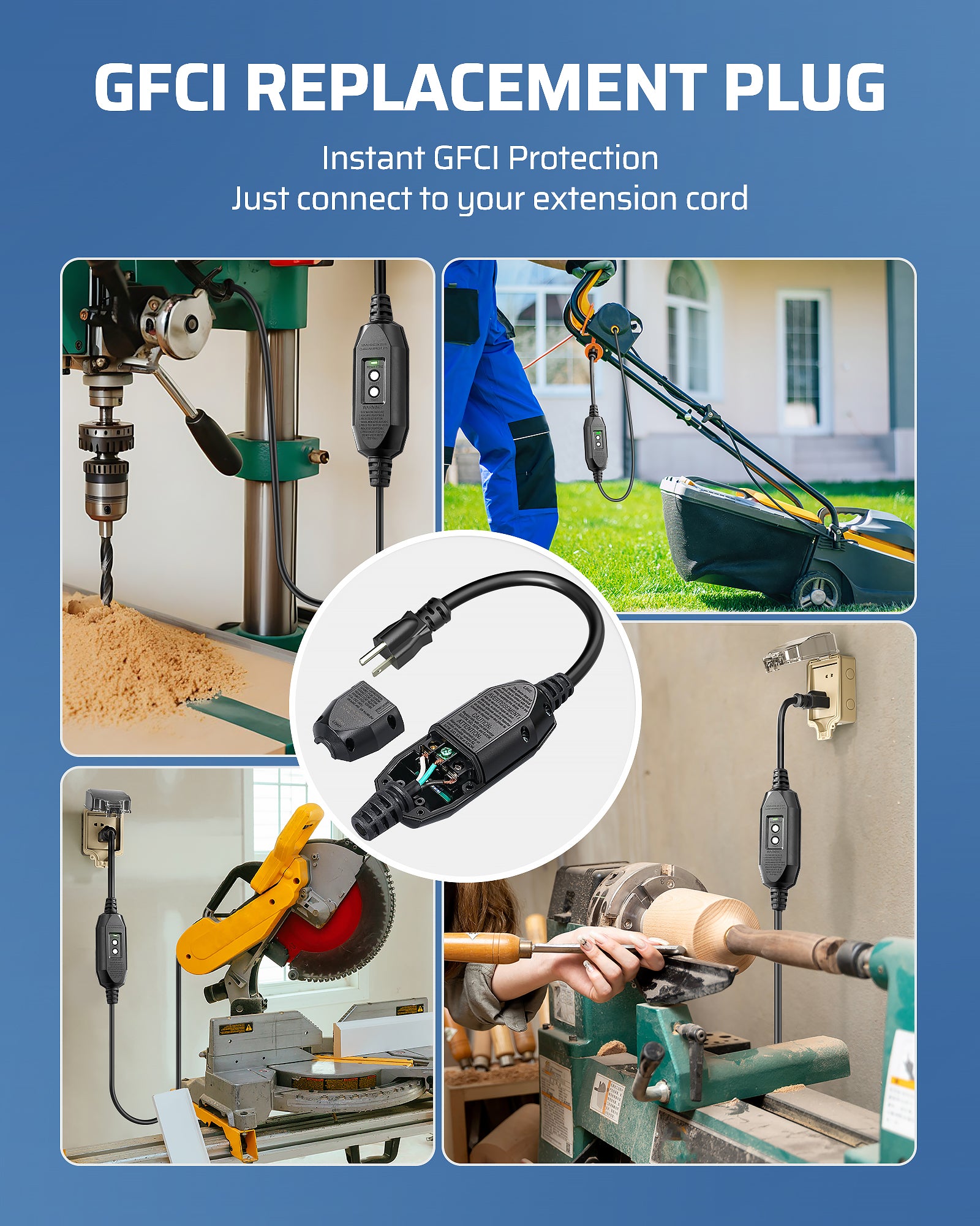 DEWENWILS Auto-Monitoring GFCI Replacement Plug Inline Assembly, Manual Reset 15 Amp Grounded 3 Wires 3-Prongs Safety Plug for Power Tools, Lawn Equipment, SJTW AWG14/3, 1 Pack, Black-HGFP01A