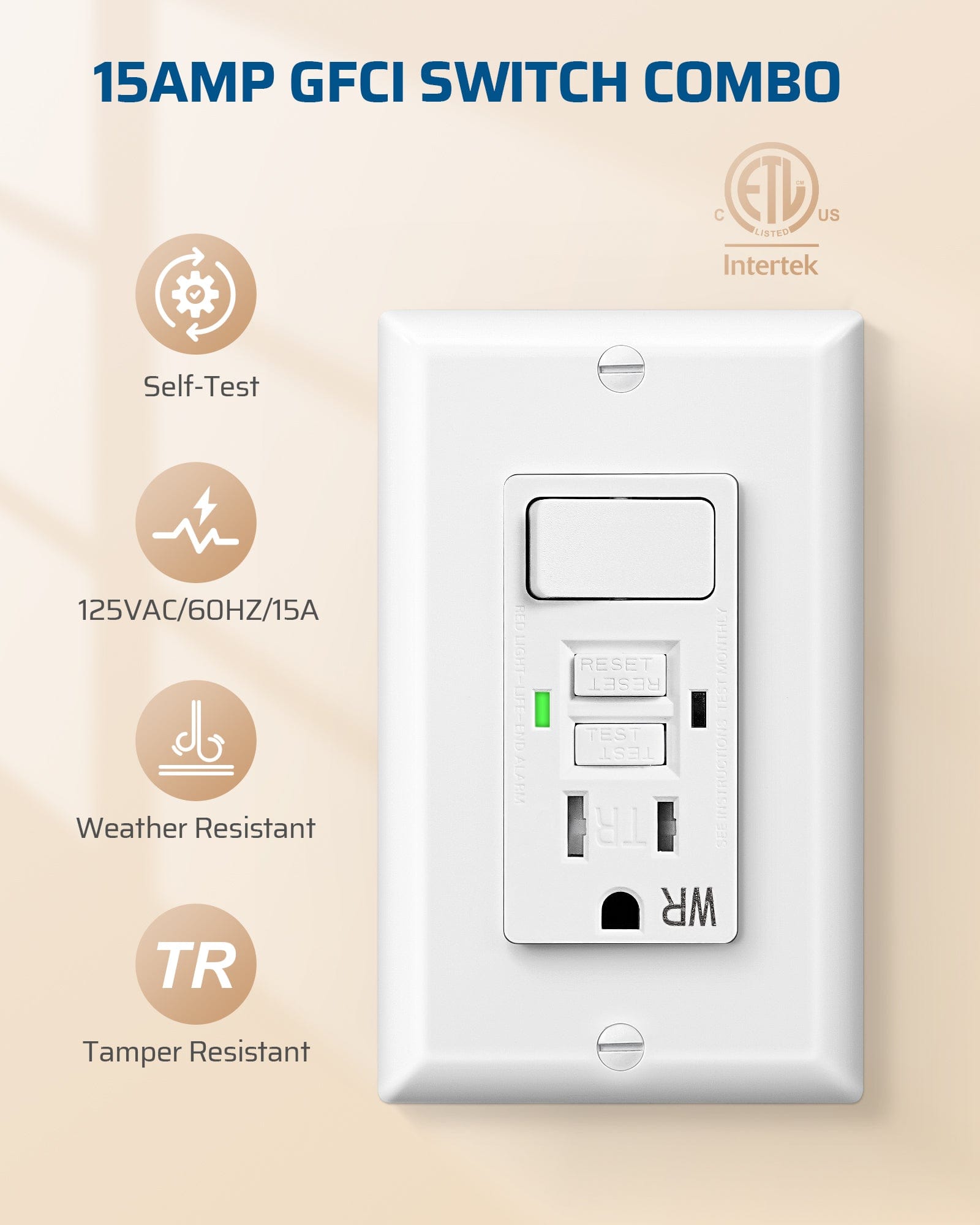DEWENWILS 15A GFCI Switch Outlet Combo, Tamper-Resistant GFCI Electrical Outlet, 15 Amp GFCI Outlet, Weather Resistant Ground Fault Circuit Interrupter, Self-Test with LED Indicator, White-HGFS15A