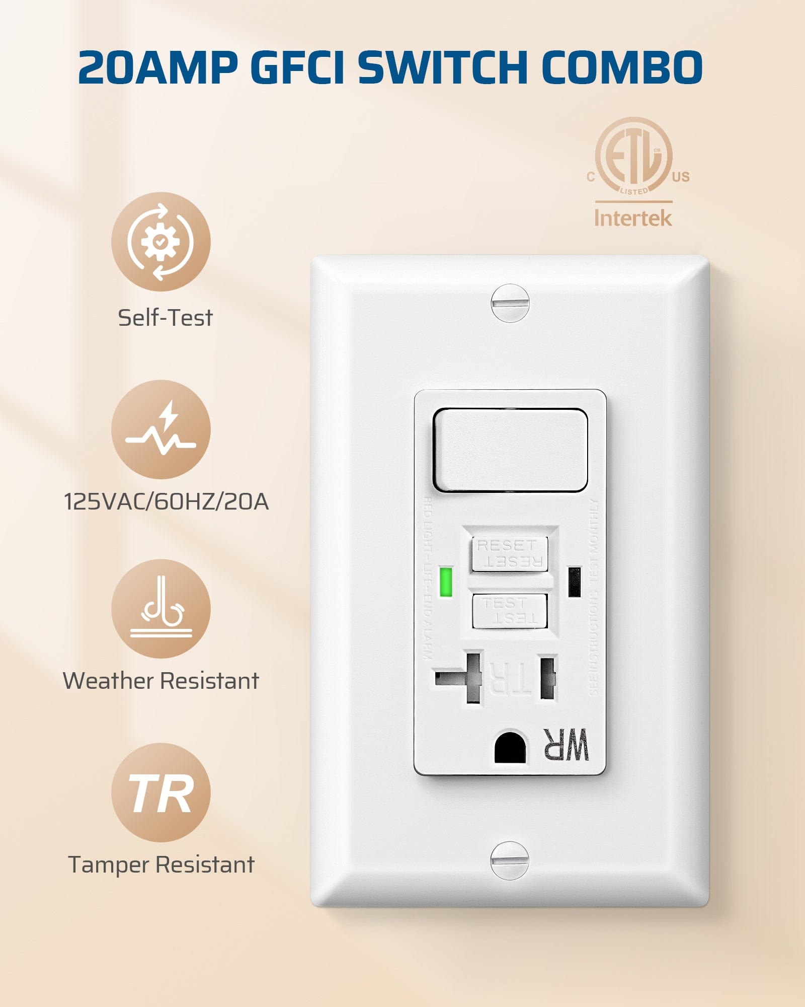 DEWENWILS 20A GFCI Switch Outlet Combo, Tamper-Resistant GFCI Electrical Outlet, 20 Amp GFCI Outlet, Weather Resistant Ground Fault Circuit Interrupter, Self-Test with LED Indicator, White-HGFS20A