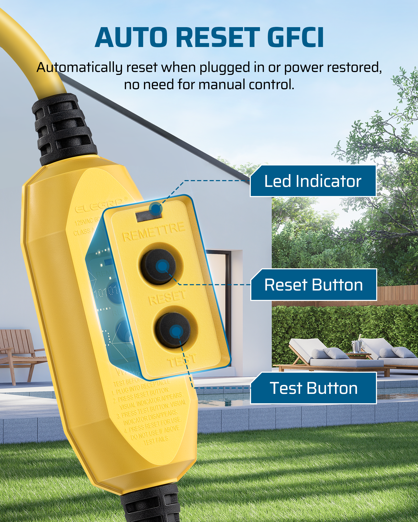 DEWENWILS 3ft Outdoor Automatic GFCI Extension Cord, 12/3 Gauge, Heavy Duty Power Cable with LED Lighted 3 Prong Plug-HGFY03A