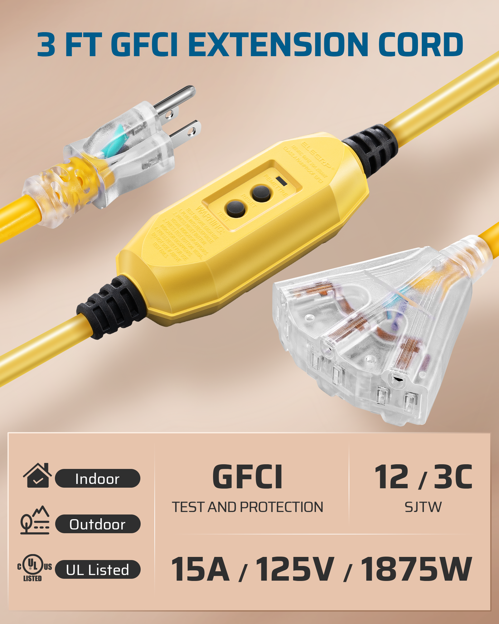 DEWENWILS 3ft Outdoor Manual GFCI Extension Cord, 12/3 Gauge, Heavy Duty Power Cable with LED Lighted 3 Prong Plug-HGFY03B