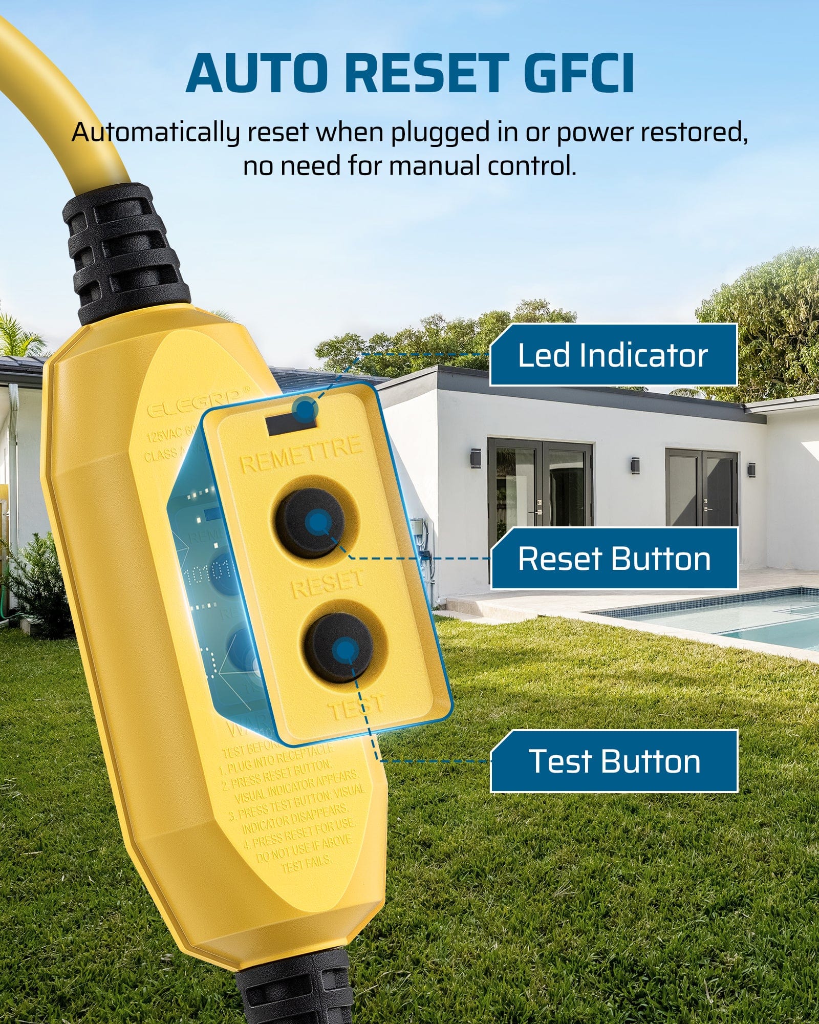 DEWENWILS 3Ft Automatic GFCI Extension Cord Outdoor, 12/3 SJTW Heavy Duty Extension Cord, Power Cord with LED Lighted 3 Prong Plug, 15A/125V/1875W, Yellow-HGFY03C