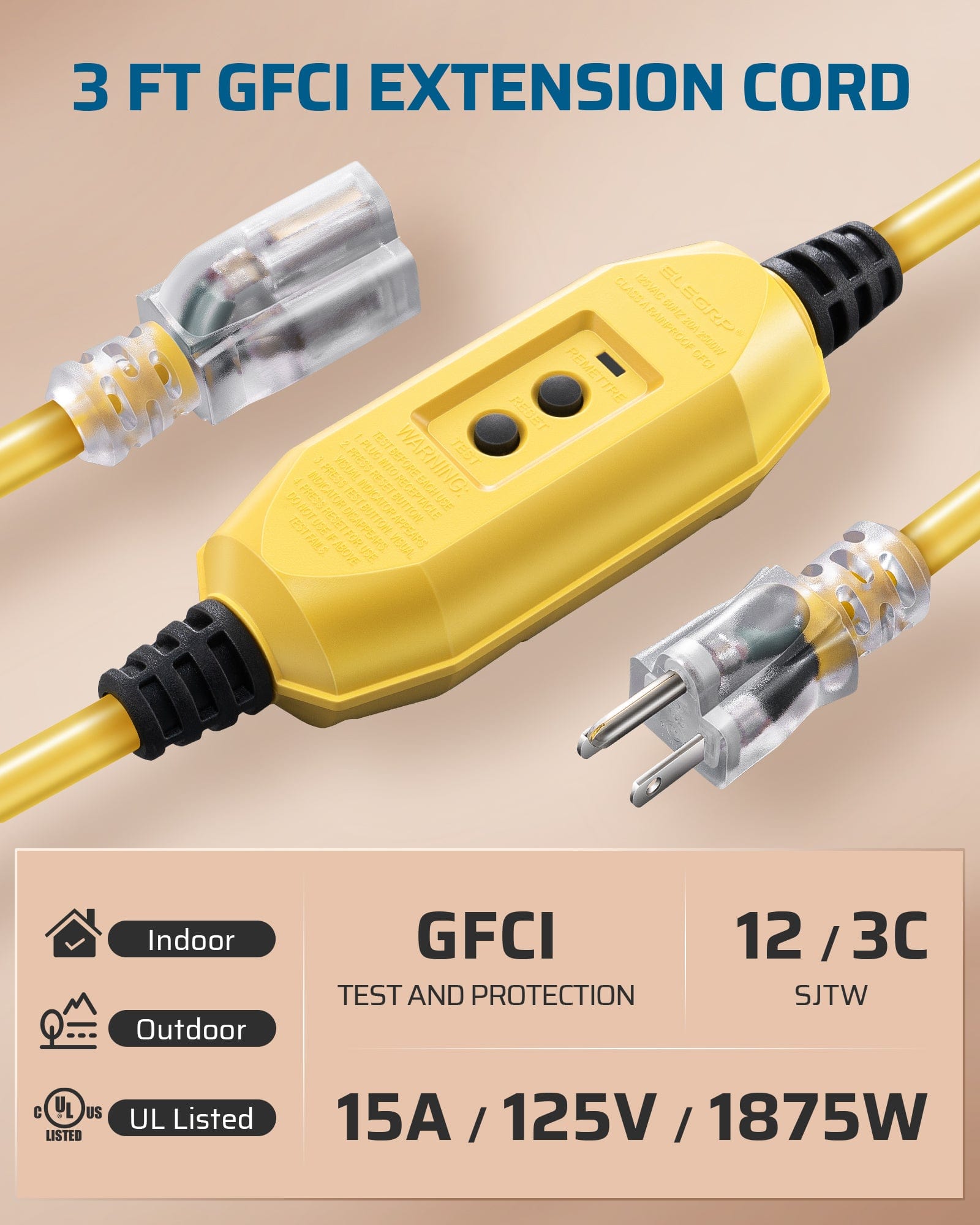 DEWENWILS 3Ft Outdoor GFCI Extension Cord Manual, 12/3 SJTW Heavy Duty Extension Cord, Power Cord with LED Lighted 3 Prong Plug, 15A/125V/1875W, Yellow-HGFY03D