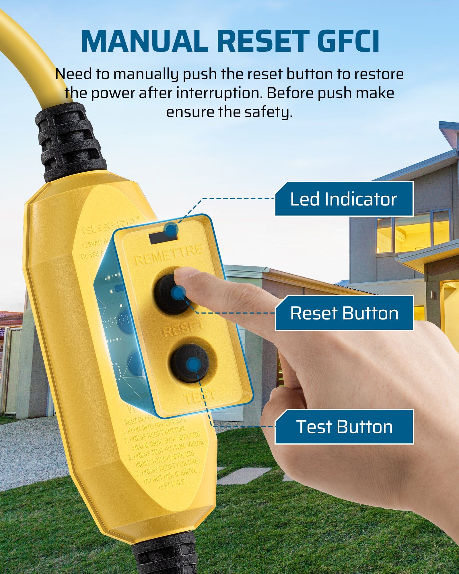DEWENWILS 3Ft Outdoor GFCI Extension Cord Manual, 12/3 SJTW Heavy Duty Extension Cord, Power Cord with LED Lighted 3 Prong Plug, 15A/125V/1875W, Yellow-HGFY03D