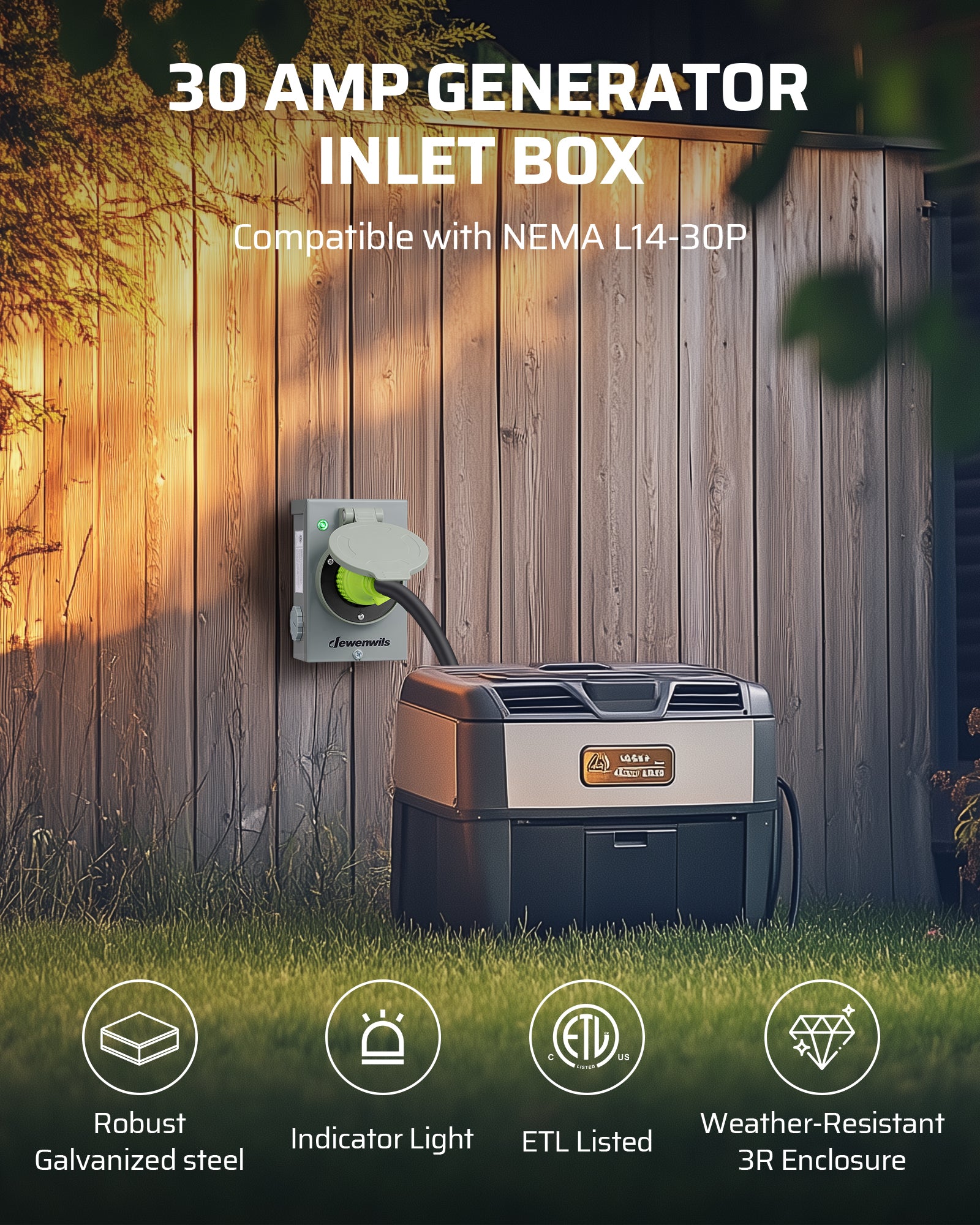 DEWENWILS 30 Amp Generator Inlet Box, Pre-drilled NEMA L14-30 Power Inlet Box, 4-Prong Generator Cord, 125/250V, 7500/12500W, 3R Weatherproof for Outdoor Use-HGPB30A