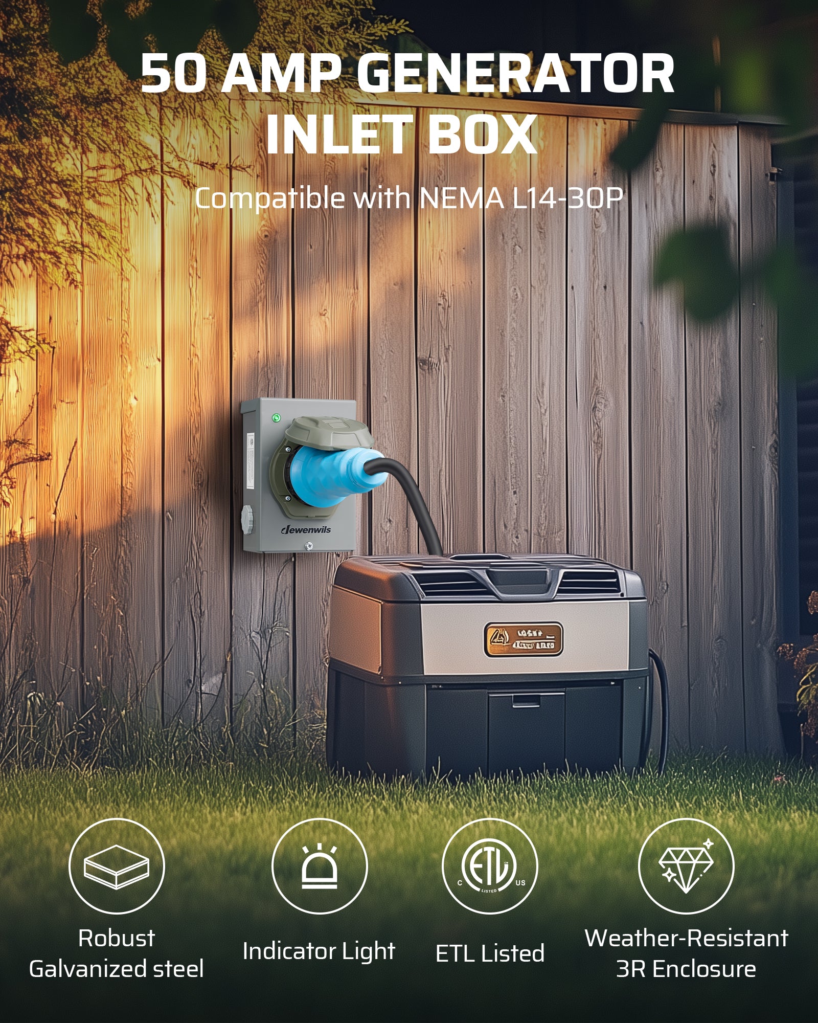 DEWENWILS 50 Amp Generator Inlet Box, Pre-drilled NEMA SS2-50P Power Inlet Box, 4-Prong Generator Cord, 125/250V, 7500/12500W, 3R Weatherproof for Outdoor Use-HGPB50A