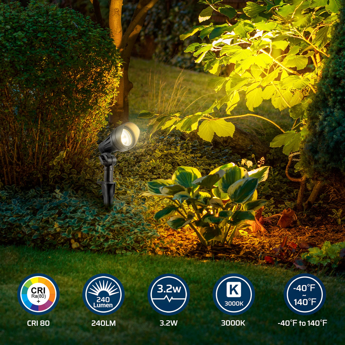 Low Voltage Landscape Light delivers 240 lumens of 3000K warm light with CRI 80, 3.2W power, and reliable performance from -40°F to 140°F