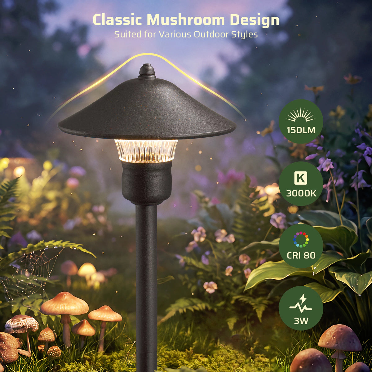 Low Voltage Pathway Light features a classic mushroom design with 150 lumens, 3000K warm light, CRI 80, and 3W power for versatile outdoor styles