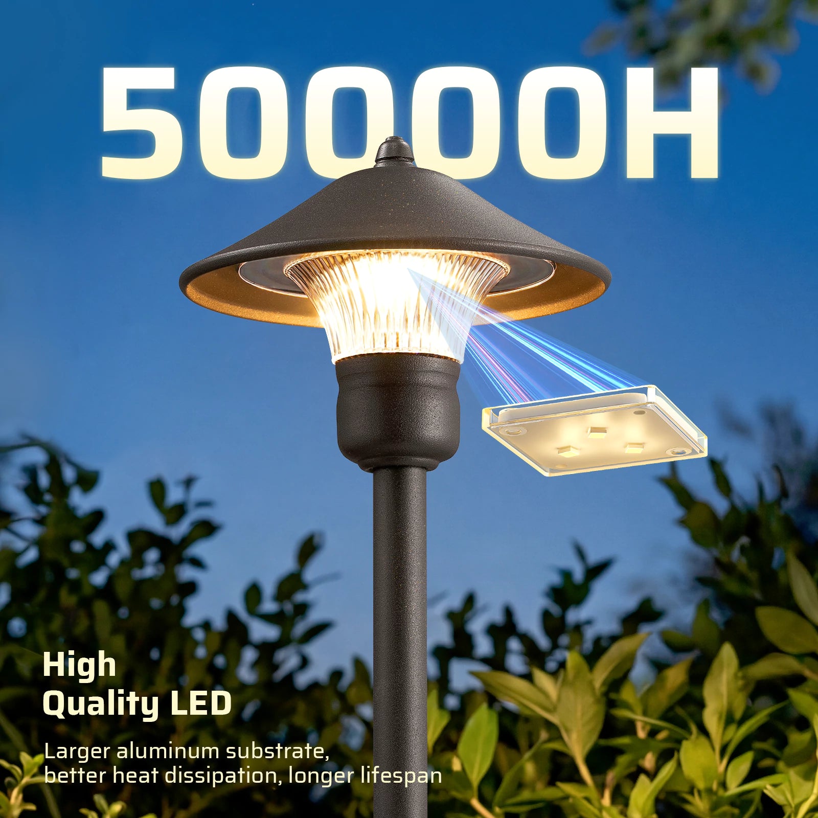 Low Voltage Pathway Light features high-quality LEDs and a larger aluminum substrate for better heat dissipation and a longer 50,000-hour lifespan