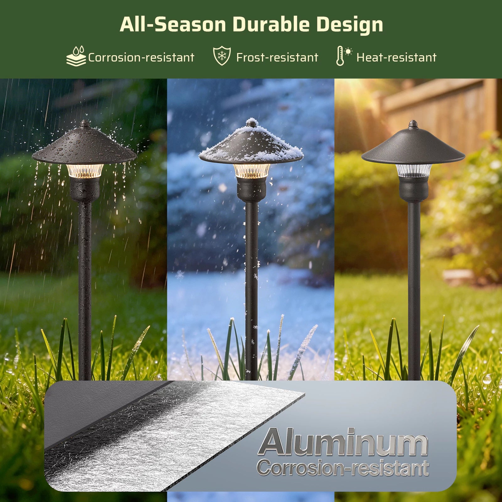 Low Voltage Pathway Light features a durable aluminum design that resists frost, heat, and corrosion for dependable year-round outdoor performance