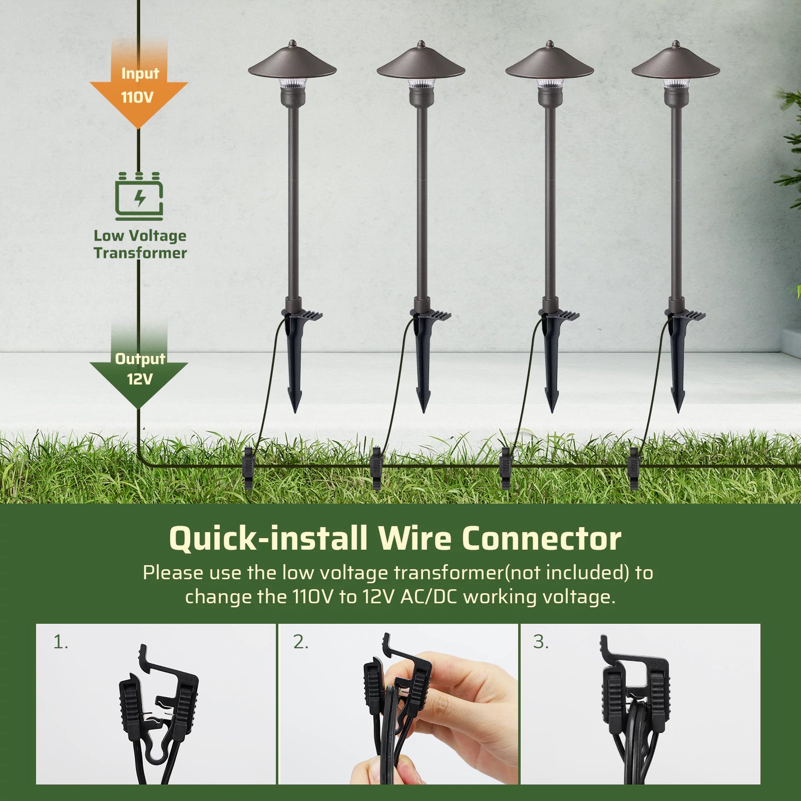 Low Voltage Pathway Light includes quick-install wire connectors and works with a low voltage transformer to convert 110V power to 12V AC/DC for safe installation