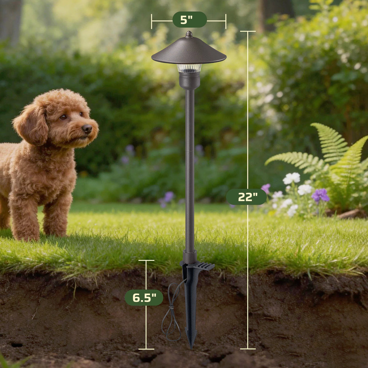 Low Voltage Pathway Light measures 22 inches long and 5 inches wide, with a 6.5-inch ground stake for secure outdoor installation