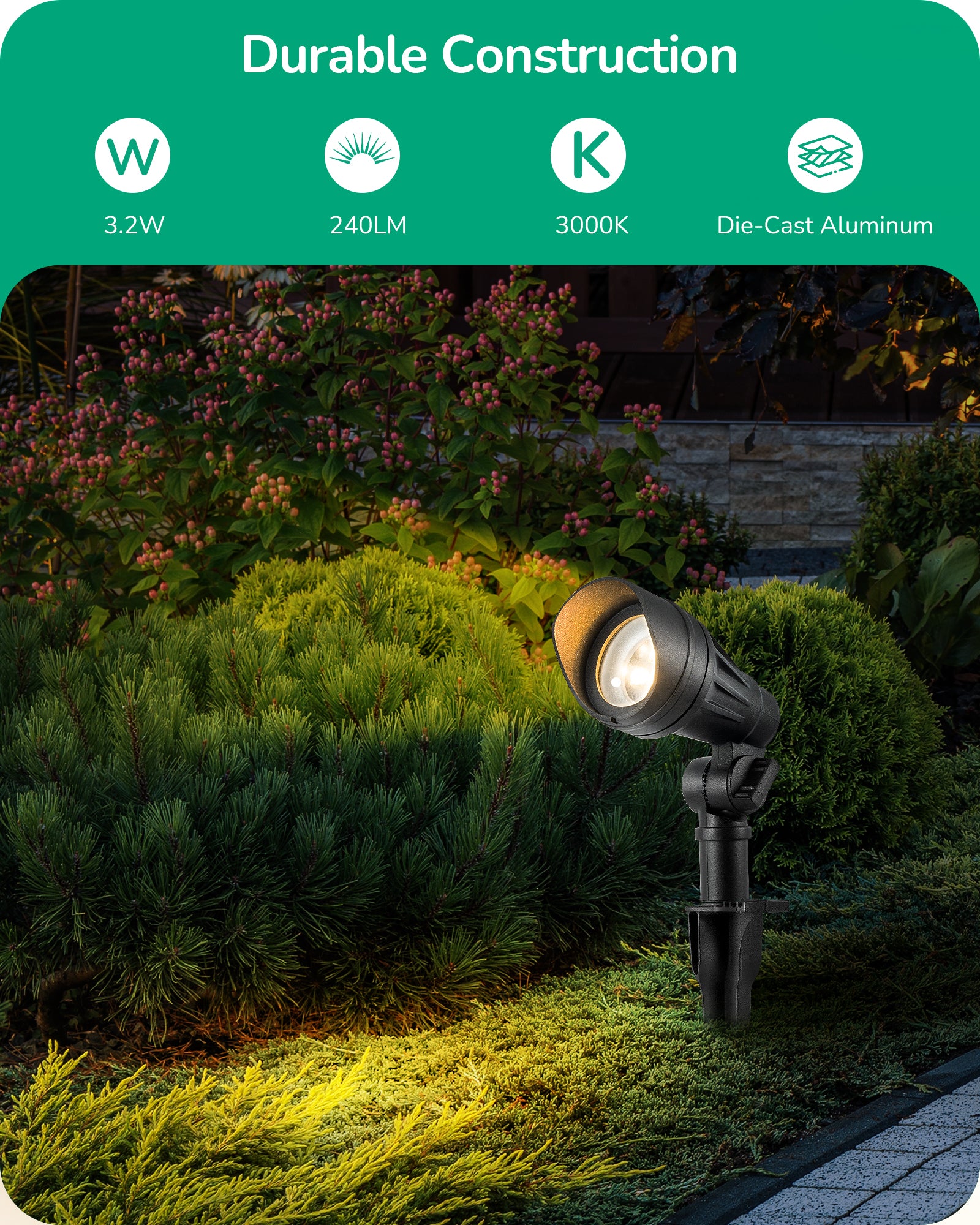 4 Pack Low Voltage LED Landscape Lights with 35° Beam Angle, 3.2W 240LM 3000K Outdoor Landscape Lighting, CRI 80, Waterproof SpotLights for Trees, House, Yard, Garden-HGSL08A