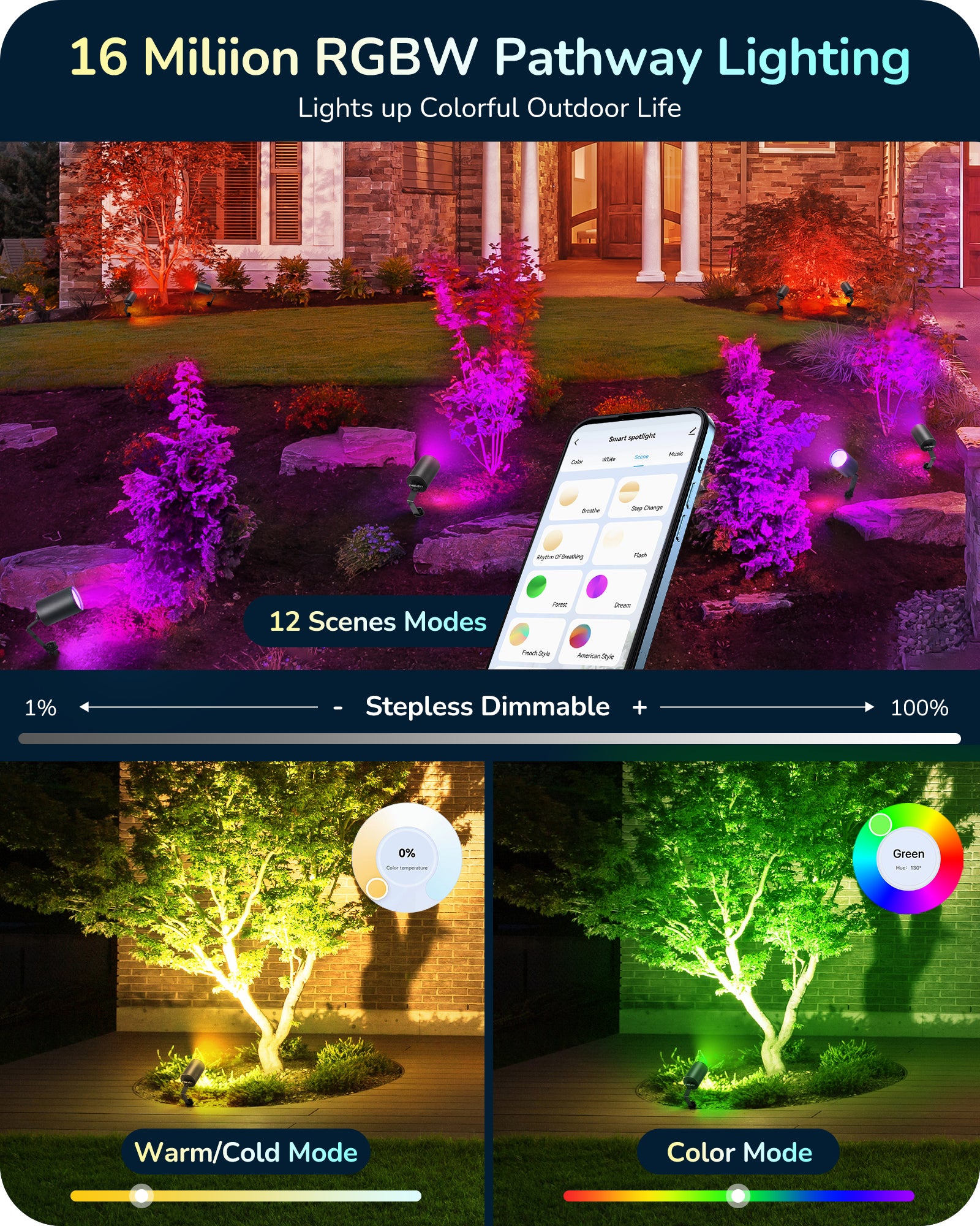 Smart Landscape Spotlights, 300LM RGBW Color Changing Landscpae Lighting, APP Control Alexa & Google Home, IP67 Waterproof Outdoor Spot Lights for Yard Garden, 50FT-HGSL32A