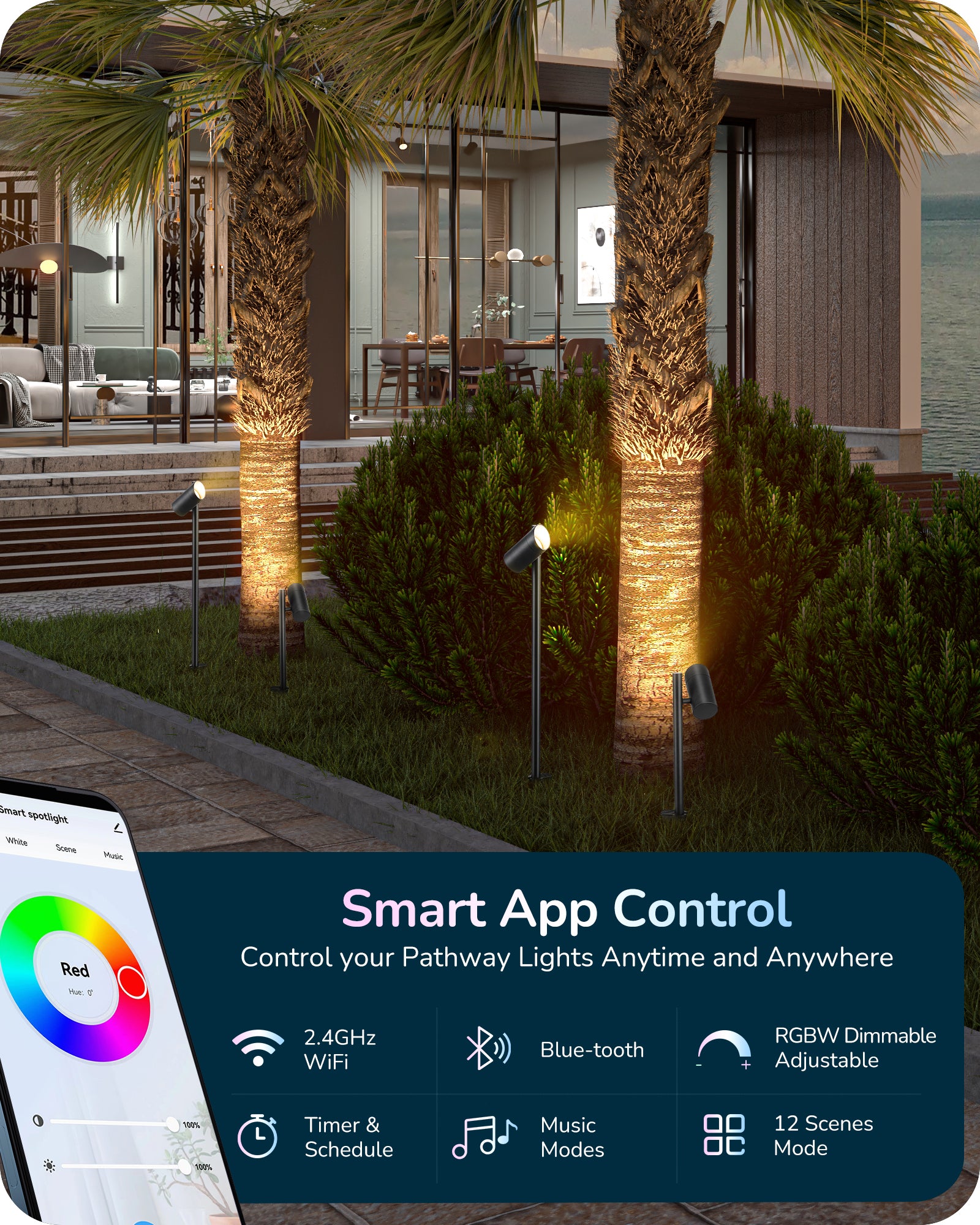 4 Pack 48Ft Smart LED Landscape Lighting, 300LM Low Voltage Outdoor Spotlgiht, RGBW IP67 Waterproof 12V Landscape Lights, APP Control, Height & 320° Head Adjustable, Compatible with Alexa-HGSL33A