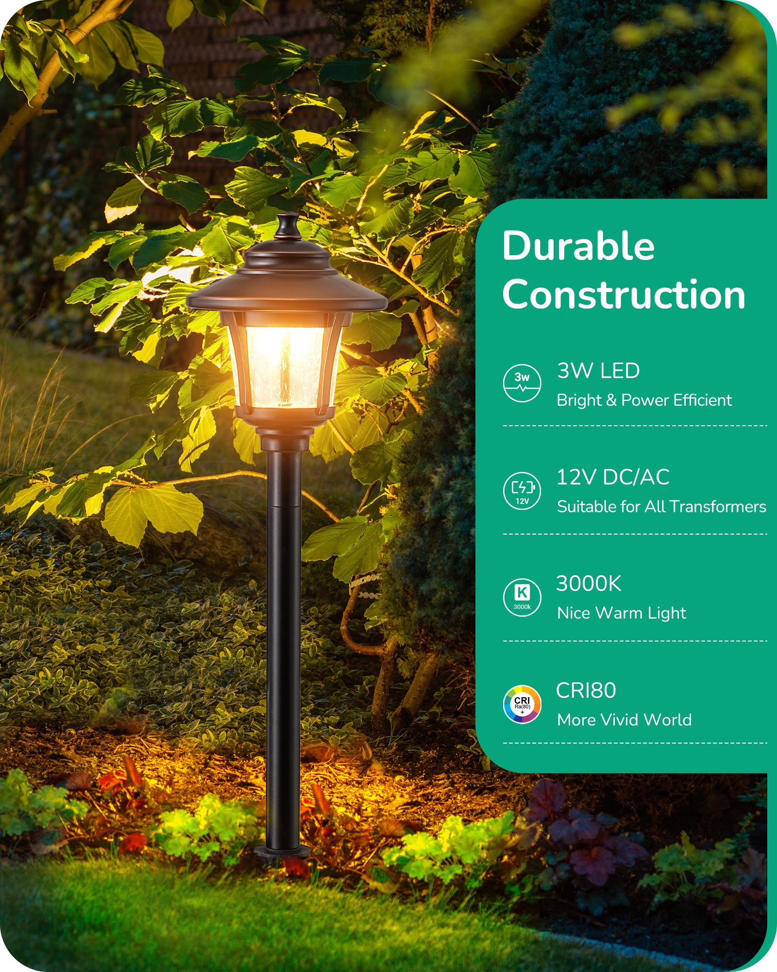 Low Voltage Landscape Lighting: Durable 3W LED lights with 12V DC/AC, 3000K warm glow, CRI 80 for vivid colors, bright and energy-efficient, compatible with all transformers.