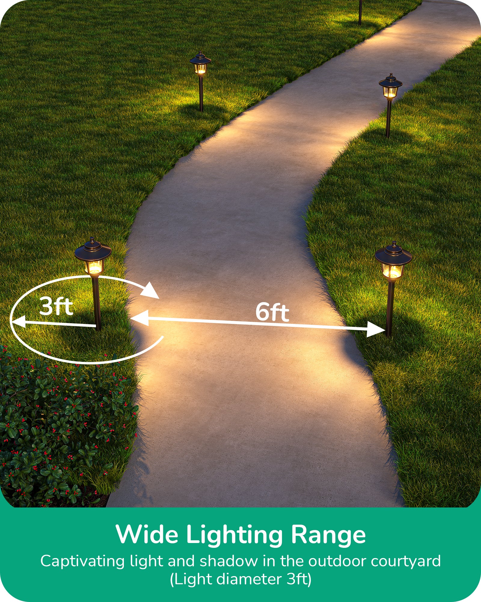 Low Voltage Landscape Lighting: Wide 3ft lighting range creates captivating light and shadow effects, enhancing the beauty of your outdoor courtyard.