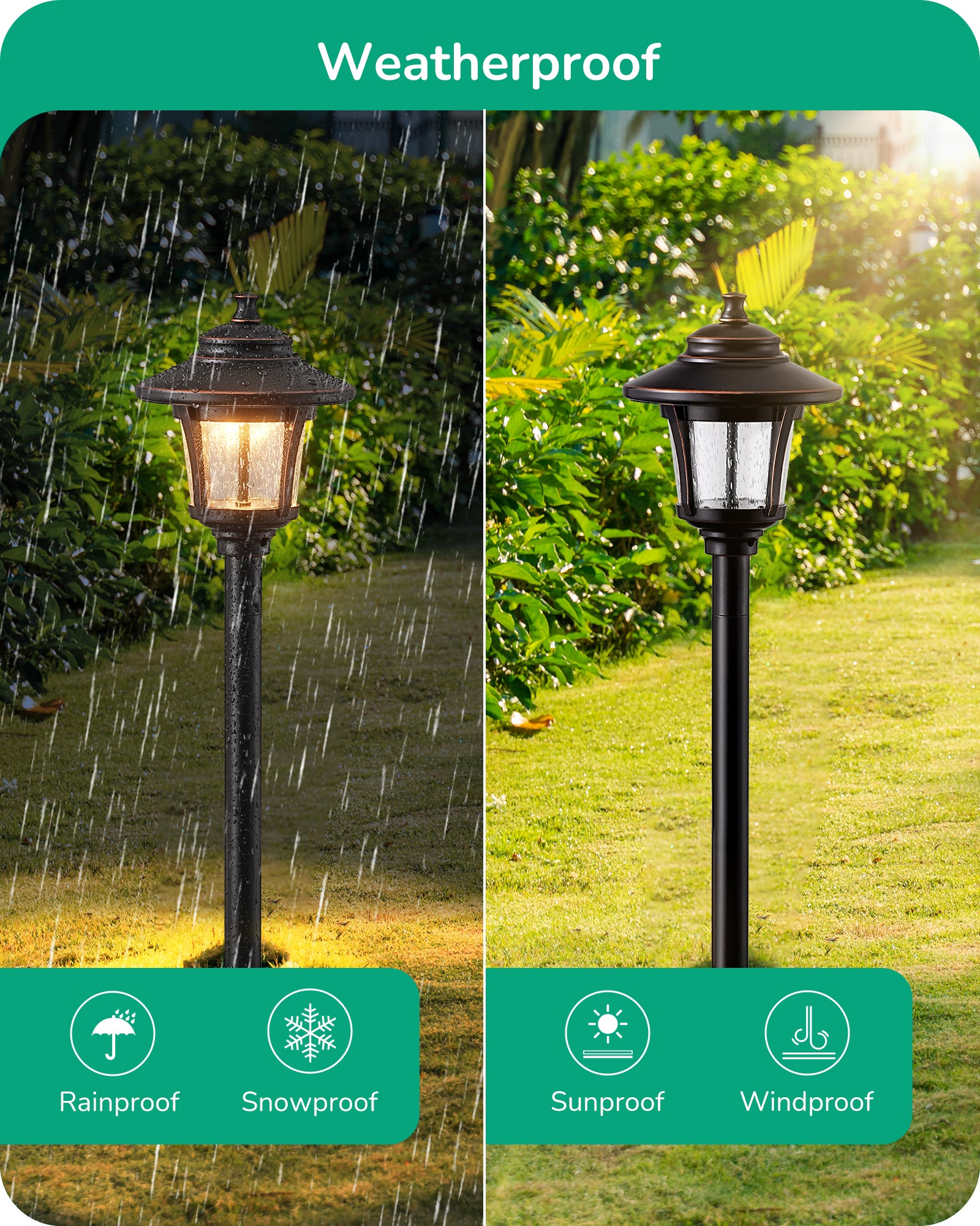 Low Voltage Landscape Lighting: Weatherproof design protects against rain, snow, sun, and wind, ensuring reliable outdoor illumination in all conditions.