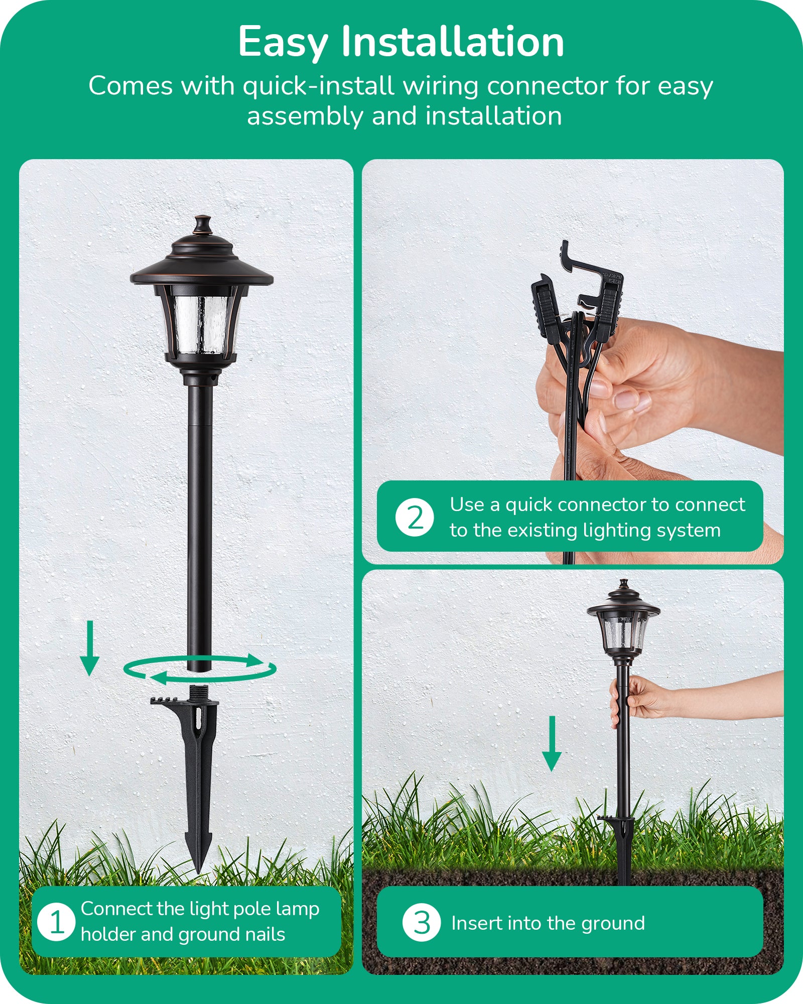 Low Voltage Landscape Lighting: Easy installation with quick-connect wiring, allowing seamless connection to existing systems, light holders, and ground stakes.