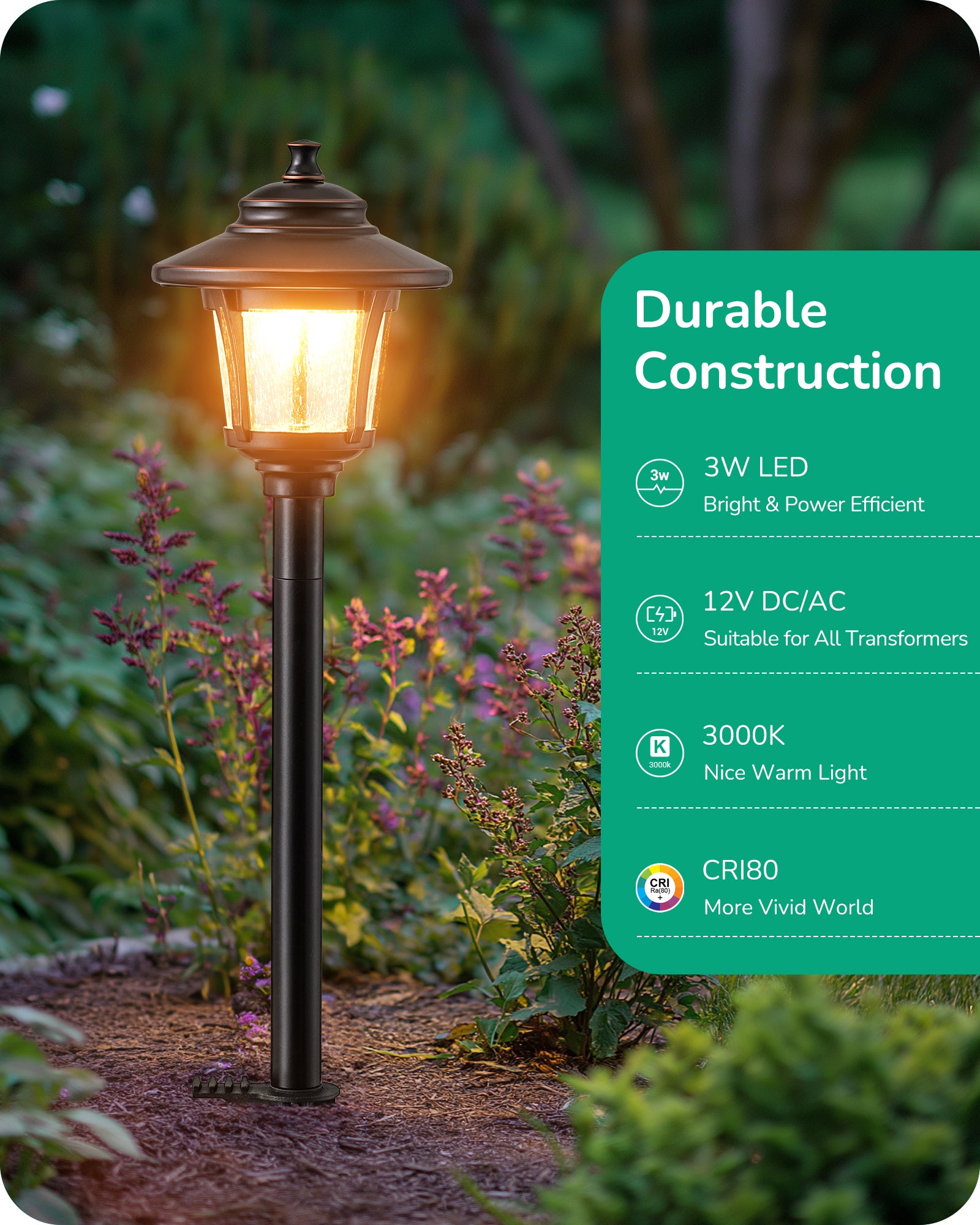 6 Pack Low Voltage Landscape Lighting, 12V 3W 120LM 3000K Seed Glass Outdoor Landscape Path Lights with Connectors, ORB Waterproof Electric LED Pathway Light Wired for Walkway Garden Yard-HGSL34B