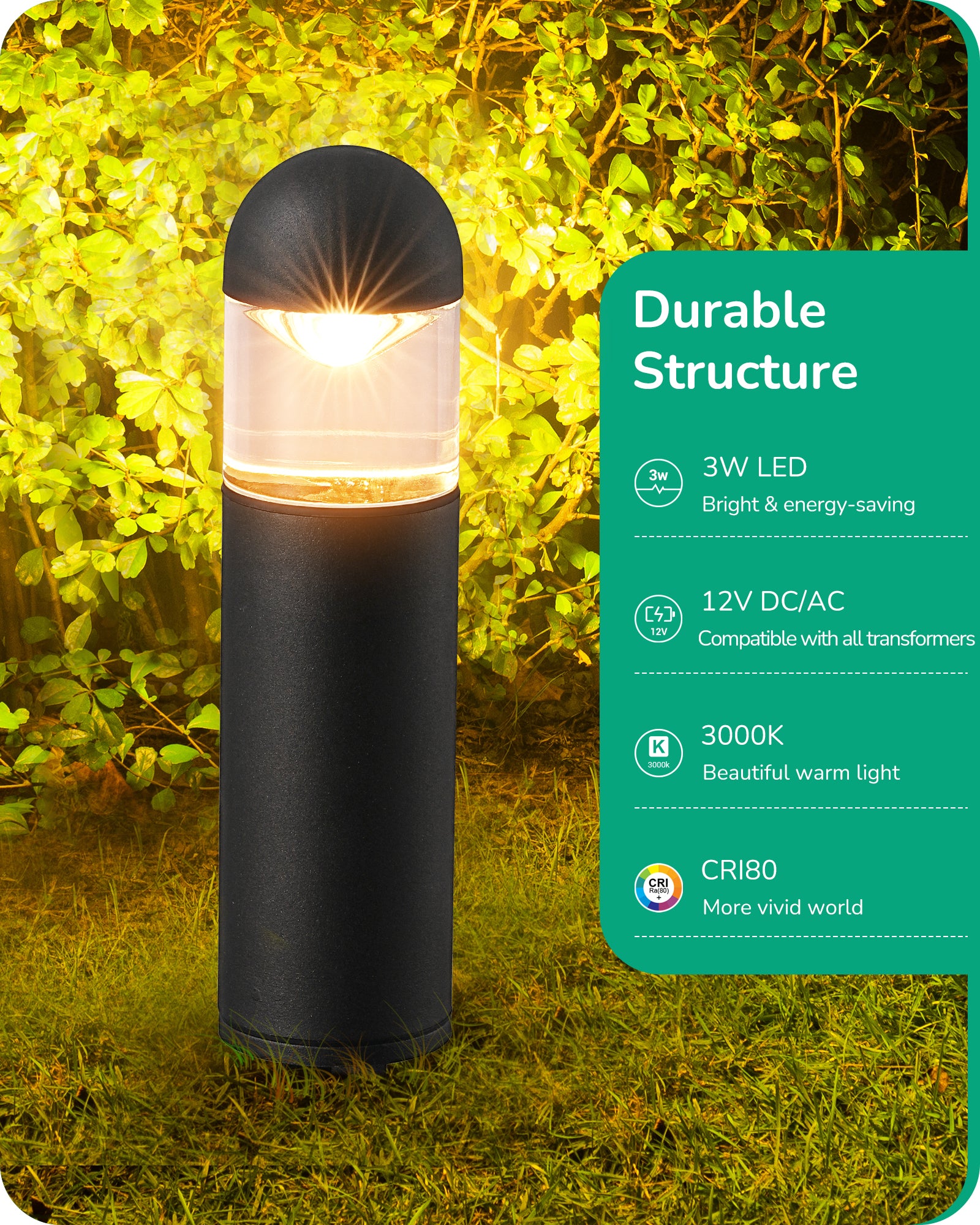 Low Voltage Landscape Lighting, 12V 3W 3000K Warm White, Electric Outdoor Bollard Lights with Connectors, Waterproof LED Pathway Driveway Walkway Lights Wired for Yard Garden-HGSL35A