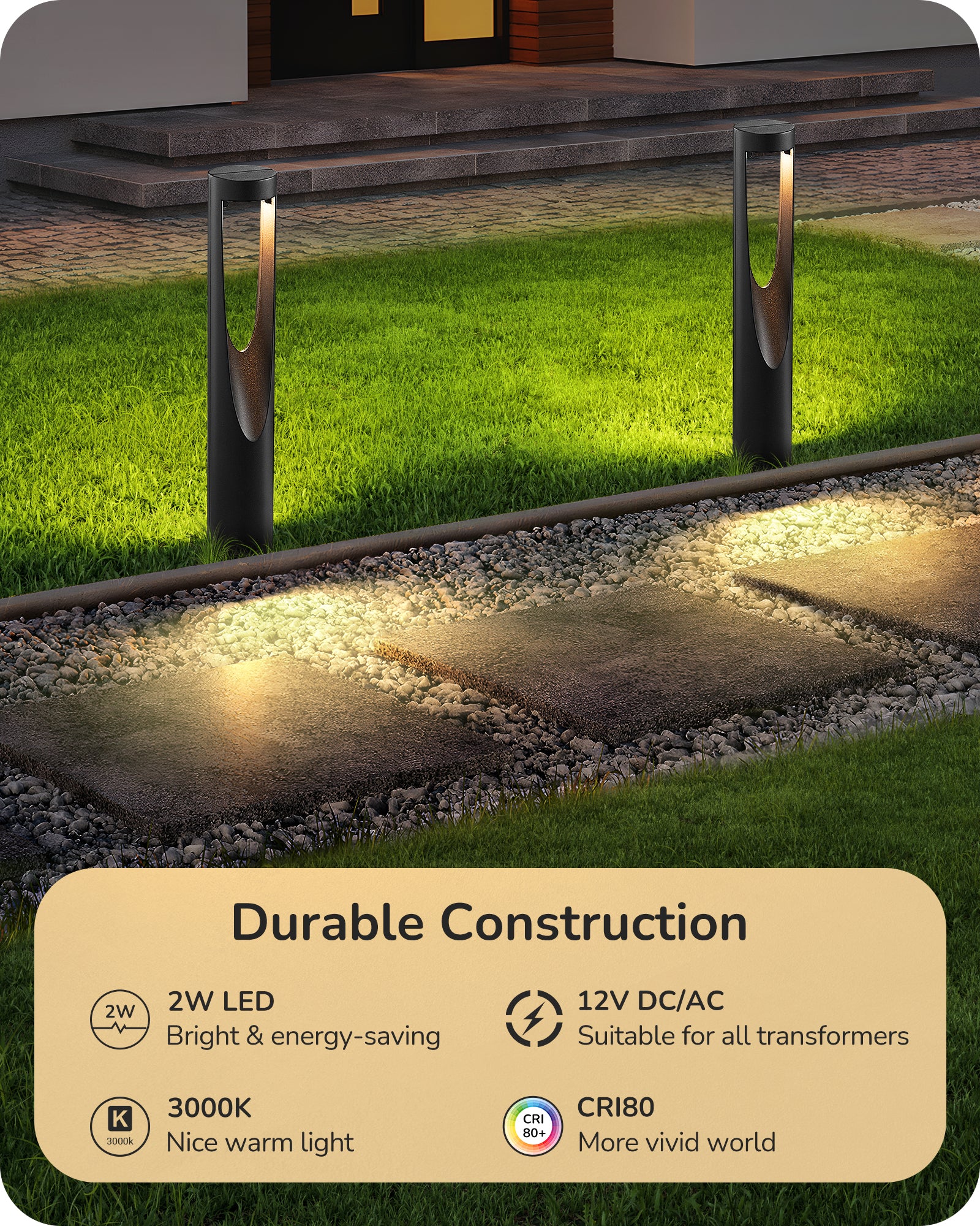 Low Voltage Landscape Lighting: Durable 2W LED lights with 3000K warm glow, CRI80 for vivid colors, 12V DC/AC, bright and energy-efficient, compatible with all transformers.