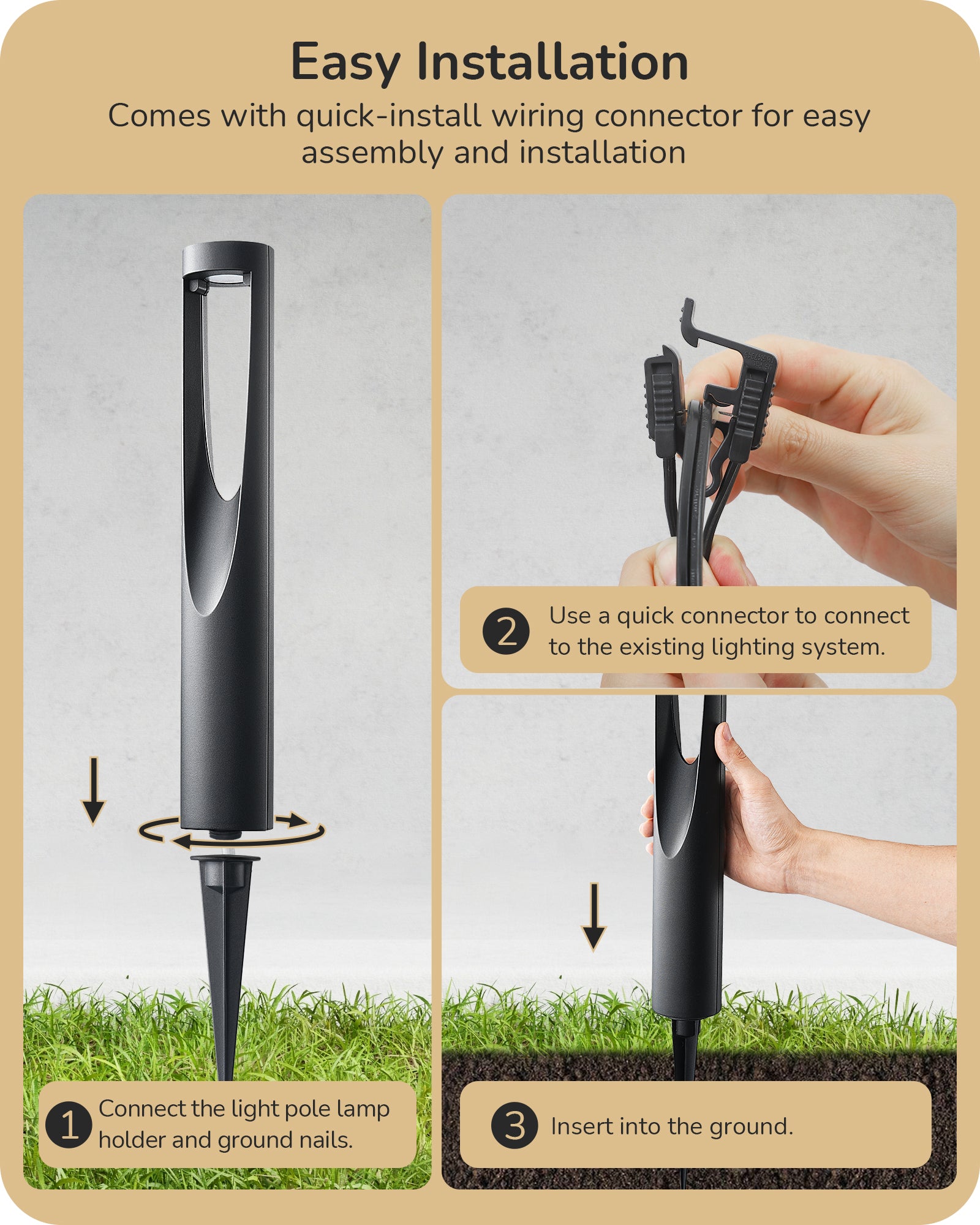 Low Voltage Landscape Lighting: Easy installation with quick-connect wiring, allowing seamless connection to existing systems, lamp holders, and ground stakes.
