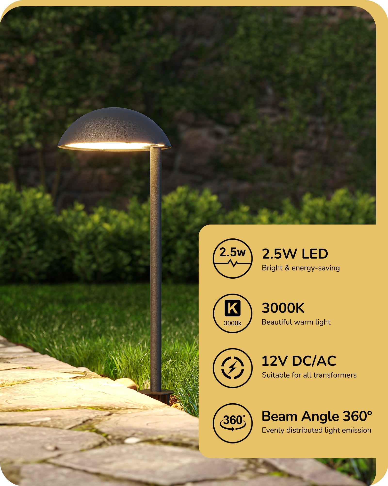 Low Voltage Landscape Lighting: 2.5W bright, energy-saving LED with 3000K warm light, 12V DC/AC, 360° beam angle, and compatible with all transformers.
