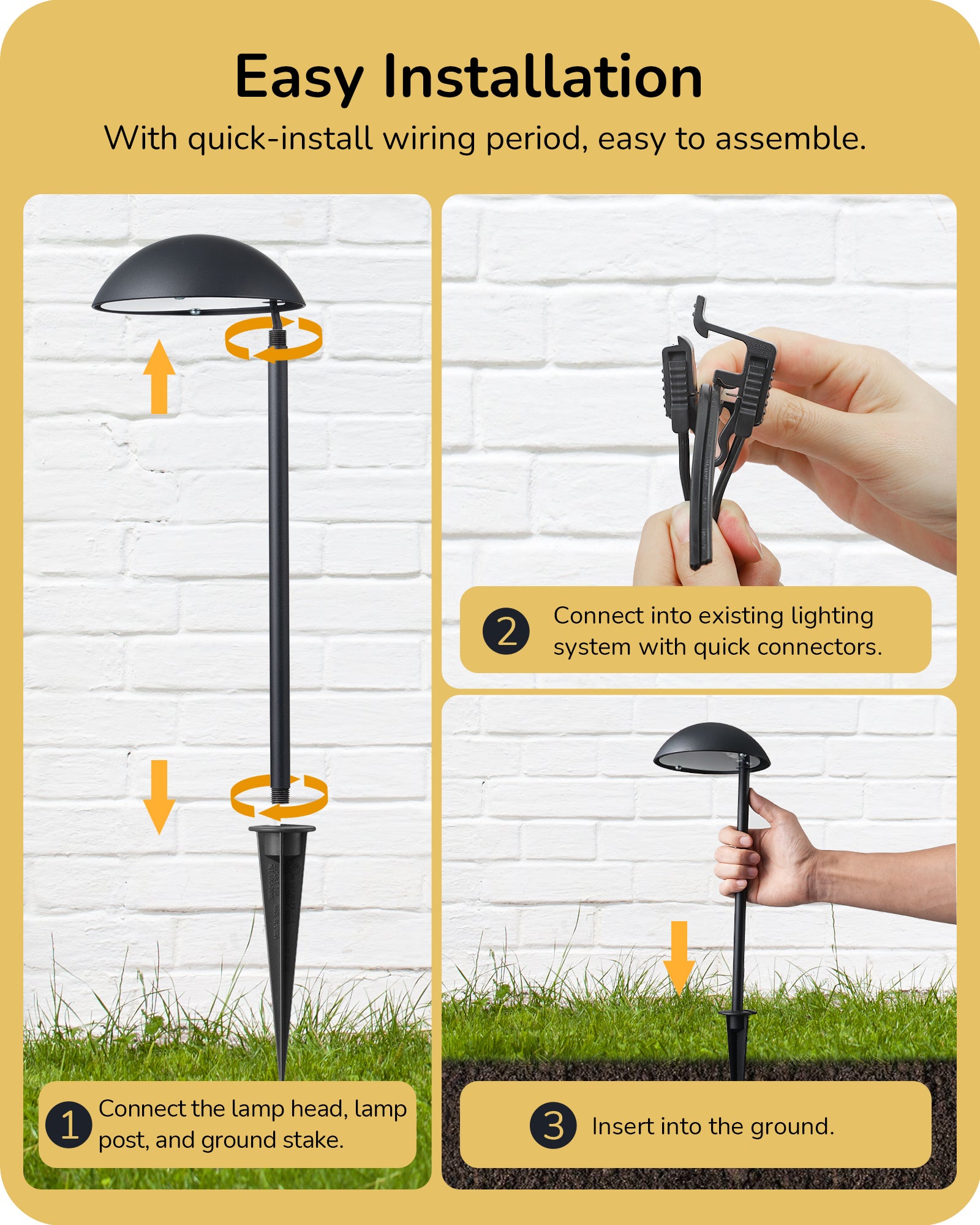 Low Voltage Landscape Lighting: Easy installation with quick-connect wiring, allowing seamless connection of lamp heads, posts, and ground stakes for hassle-free setup.