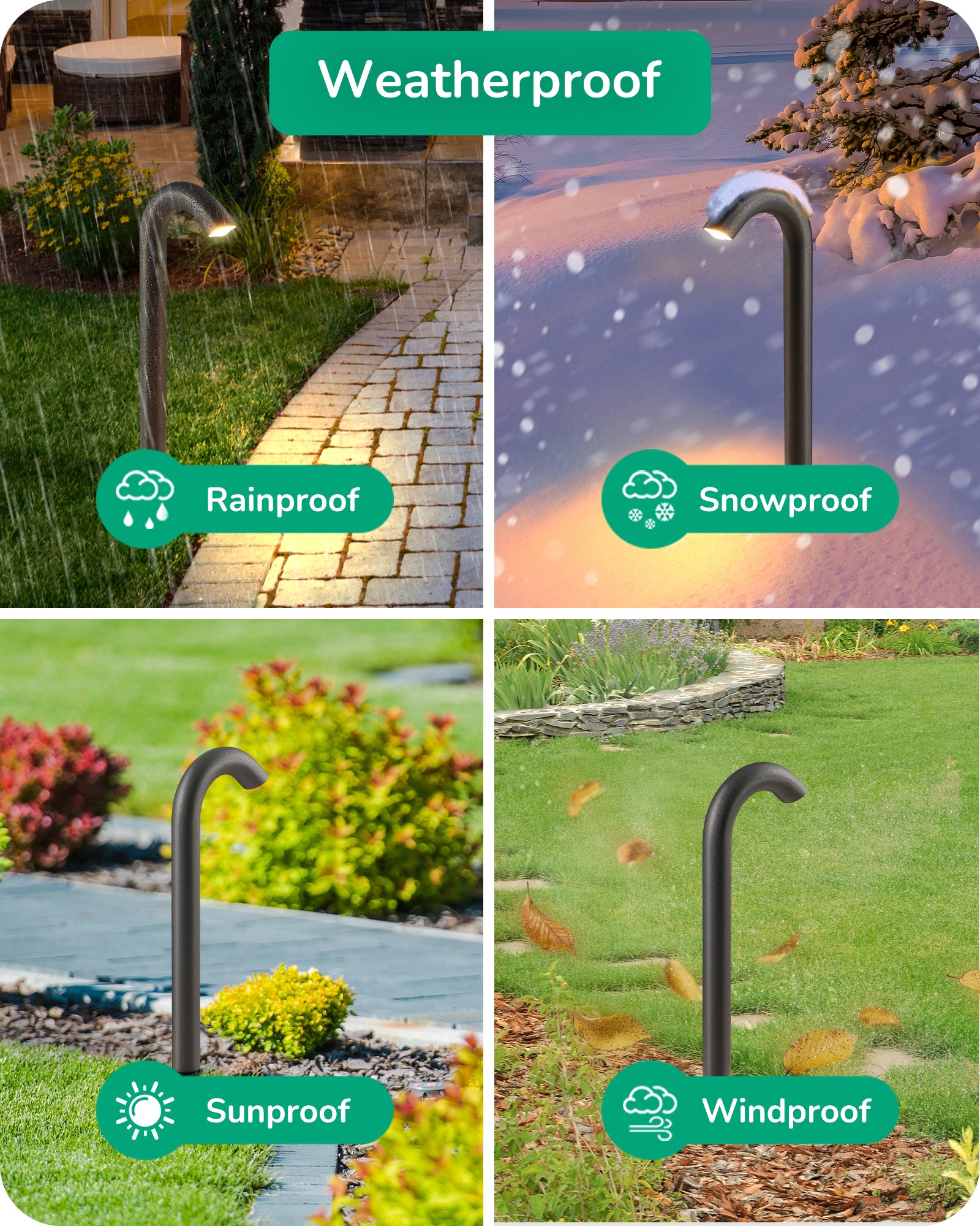 Low Voltage Landscape Lighting: Weatherproof design resists rain, sun, snow, and wind for reliable all-weather outdoor performance.
