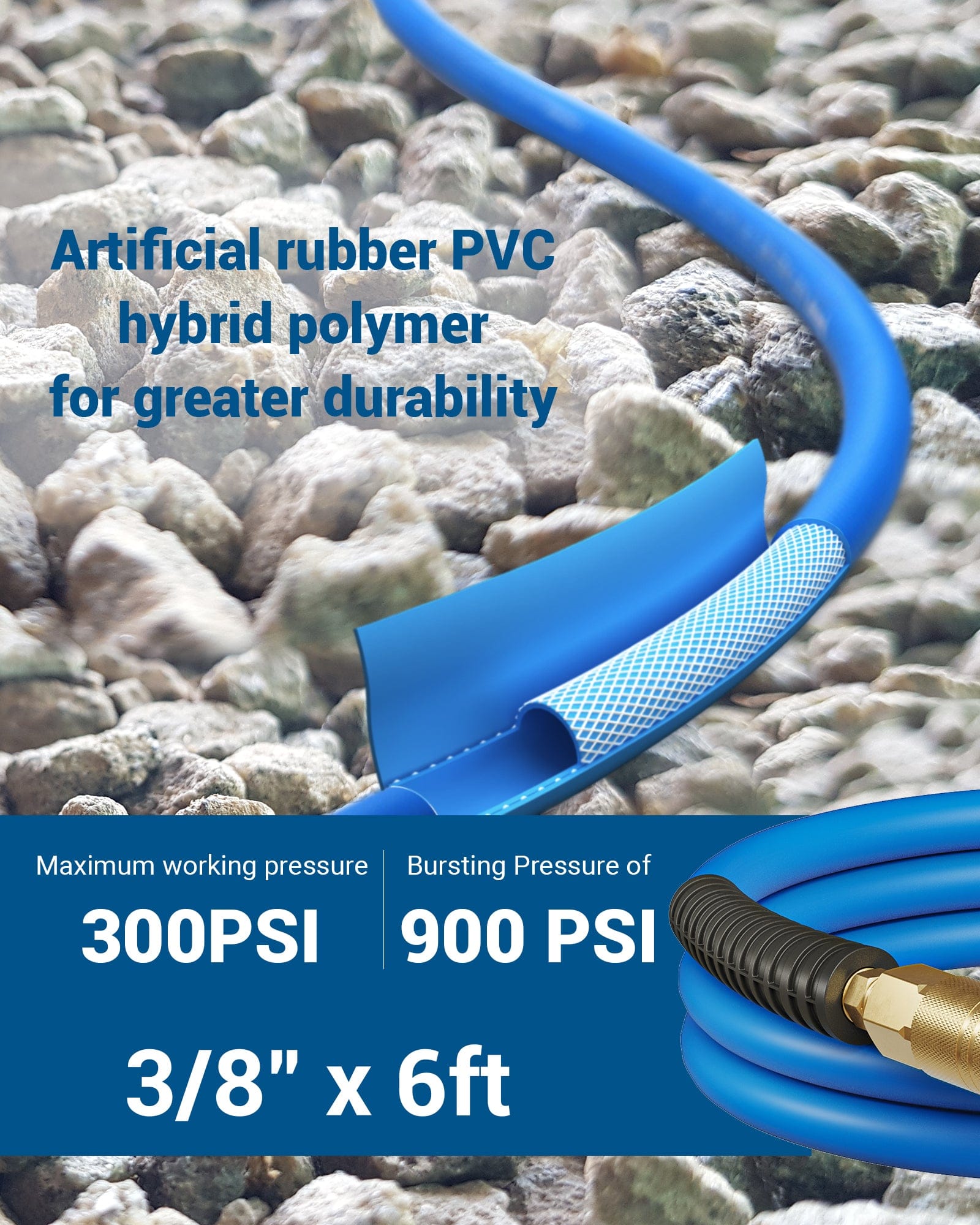 DEWENWILS Air Hose 3/8 Inch by 6FT 300 PSI, Heavy Duty Air Compressor Hose with 1/4" Industrial Quick Coupler Fittings, Flexible and Kink Resistant Hybrid Air Hose (Blue)-HHAH06A
