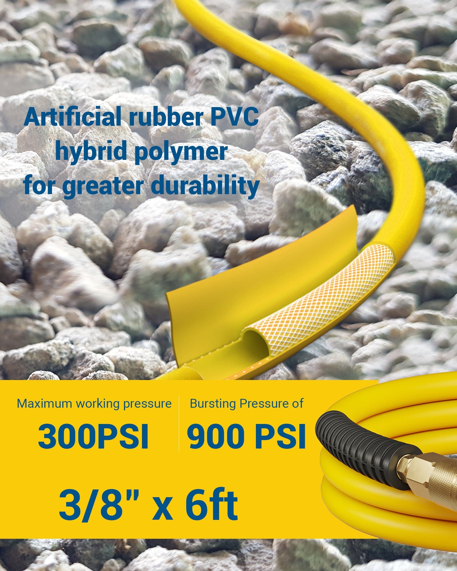 DEWENWILS 3/8 Inch x 6FT Air Hose 300 PSI, Heavy Duty Air Compressor Hose with 1/4" Industrial Quick Coupler Fittings, Flexible and Kink Resistant Hybrid Air Hose (Yellow)-HHAH06B