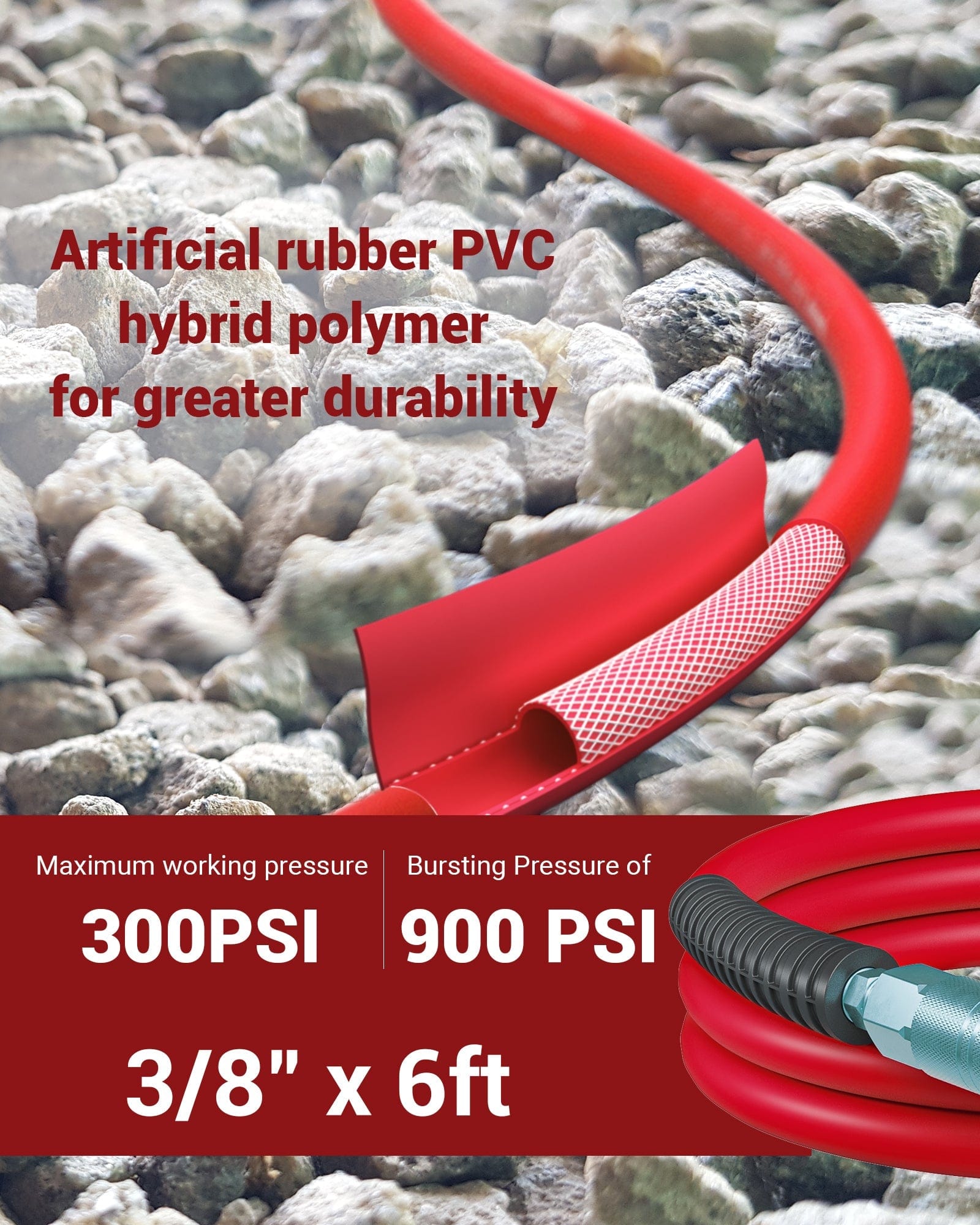 DEWENWILS 3/8 Inch x 6FT Hybrid Air Hose 300 PSI, Heavy Duty Air Compressor Hose with 1/4" Industrial Quick Coupler Fittings, Flexible and Kink Resistant Air Hose (Red)-HHAH06E