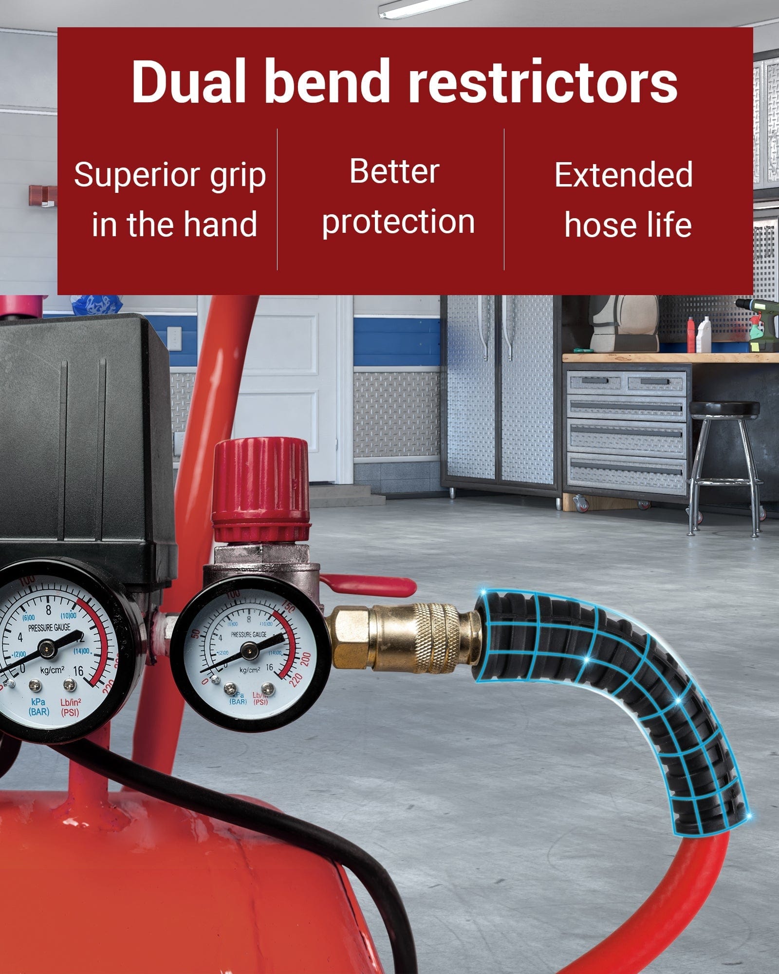 DEWENWILS 3/8 Inch x 6FT Hybrid Air Hose 300 PSI, Heavy Duty Air Compressor Hose with 1/4" Industrial Quick Coupler Fittings, Flexible and Kink Resistant Air Hose (Red)-HHAH06E