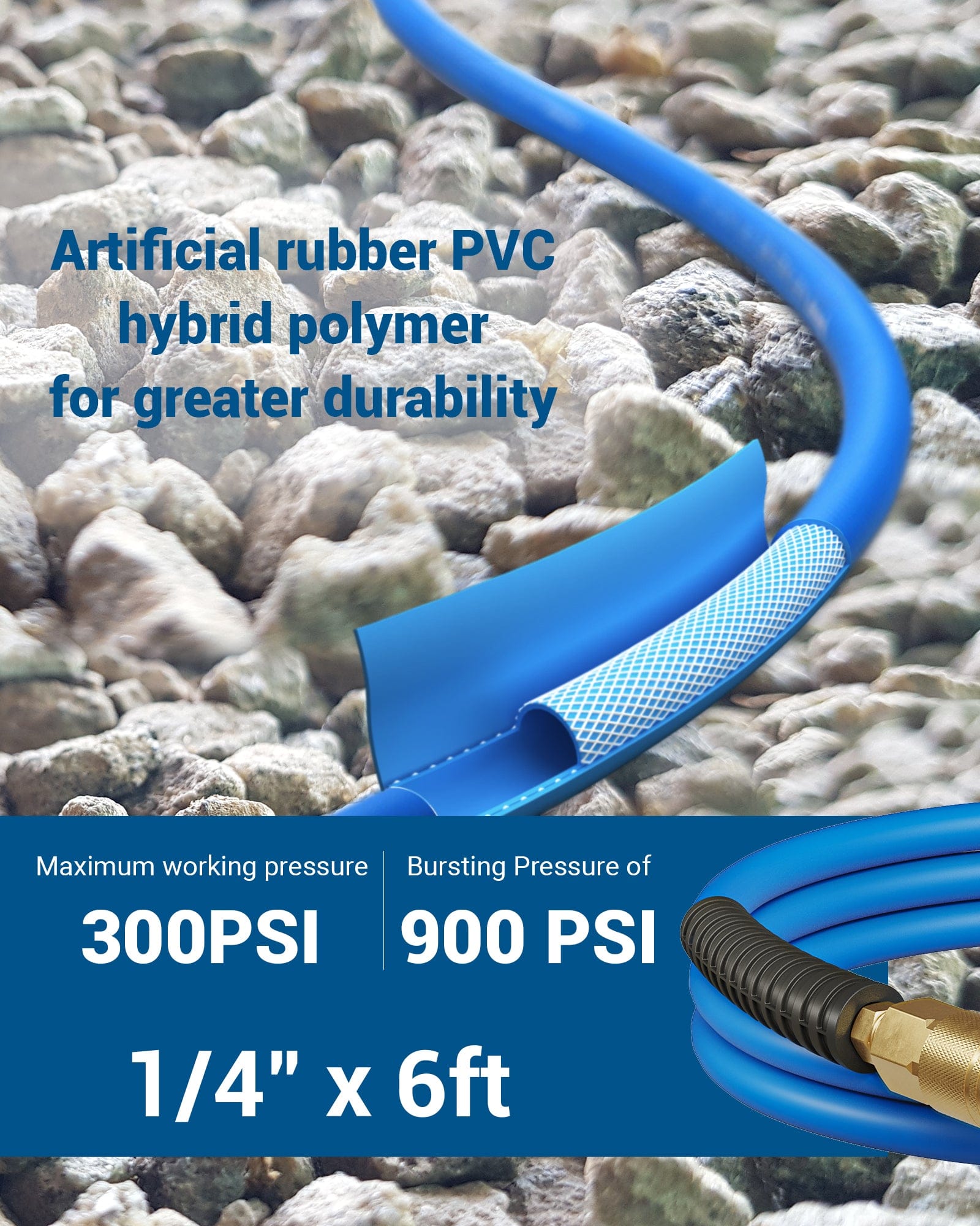DEWENWILS Air Hose 1/4 Inch by 6FT 300 PSI, Heavy Duty Air Compressor Hose with 1/4" Industrial Quick Coupler Fittings, Flexible and Kink Resistant Hybrid Air Hose (Blue)-HHAH06H
