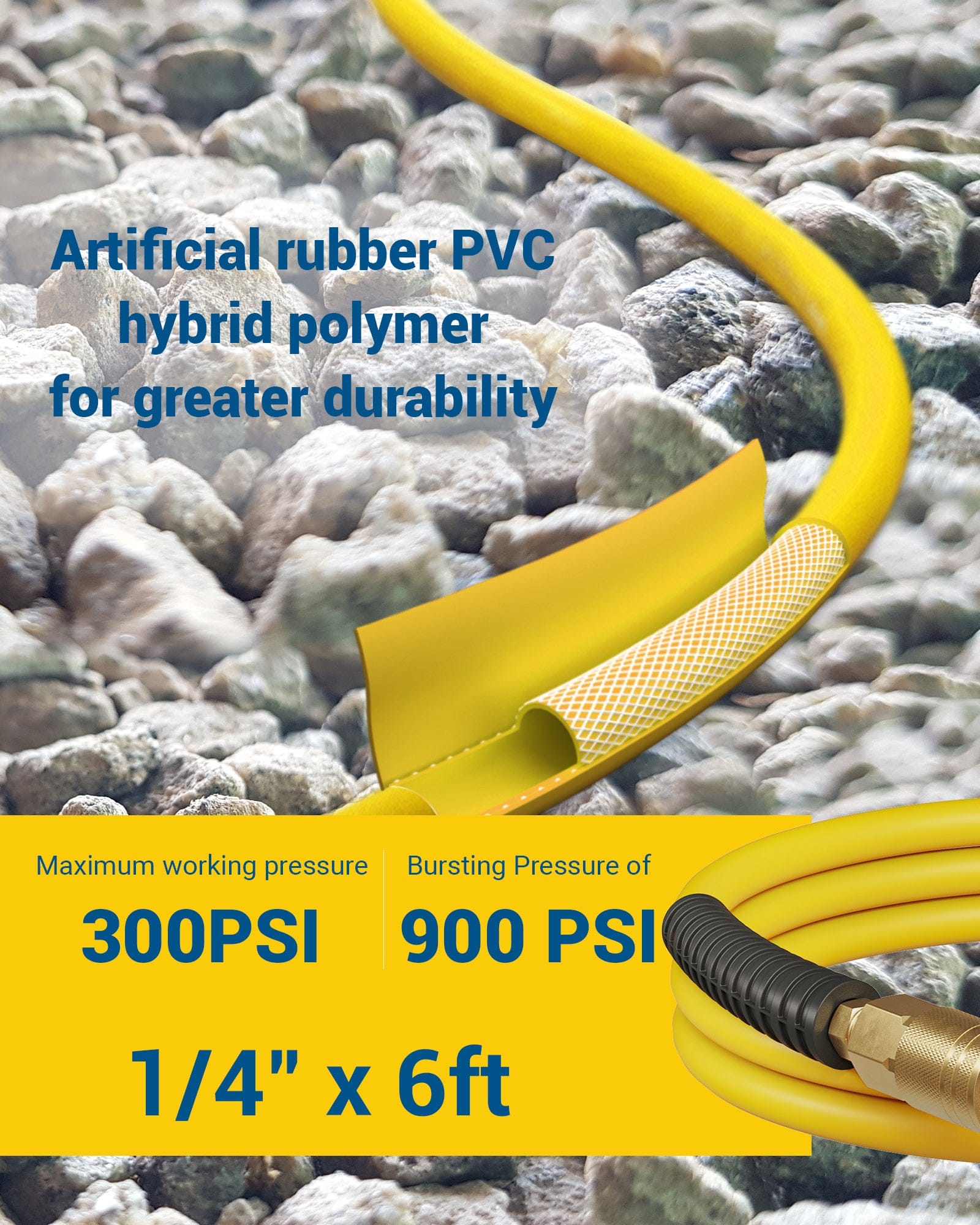 DEWENWILS 1/4 Inch x 6FT Air Hose 300 PSI, Heavy Duty Air Compressor Hose with 1/4" Industrial Quick Coupler Fittings, Flexible and Kink Resistant Hybrid Air Hose (Yellow)-HHAH06J