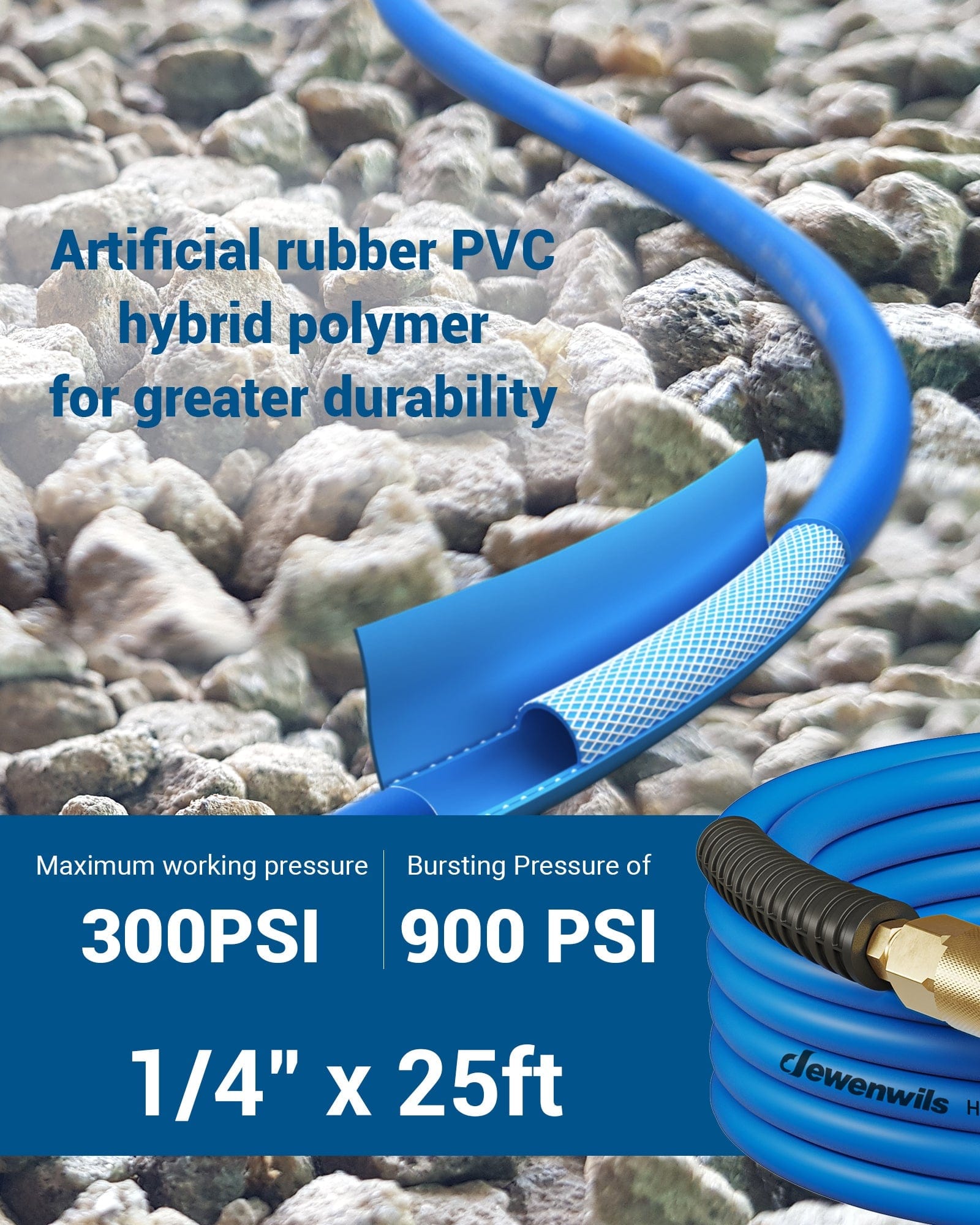 DEWENWILS Air Hose 1/4 Inch by 25FT 300 PSI, Heavy Duty Air Compressor Hose with 1/4" Industrial Quick Coupler Fittings, Flexible and Kink Resistant Hybrid Air Hose (Blue)-HHAH25H