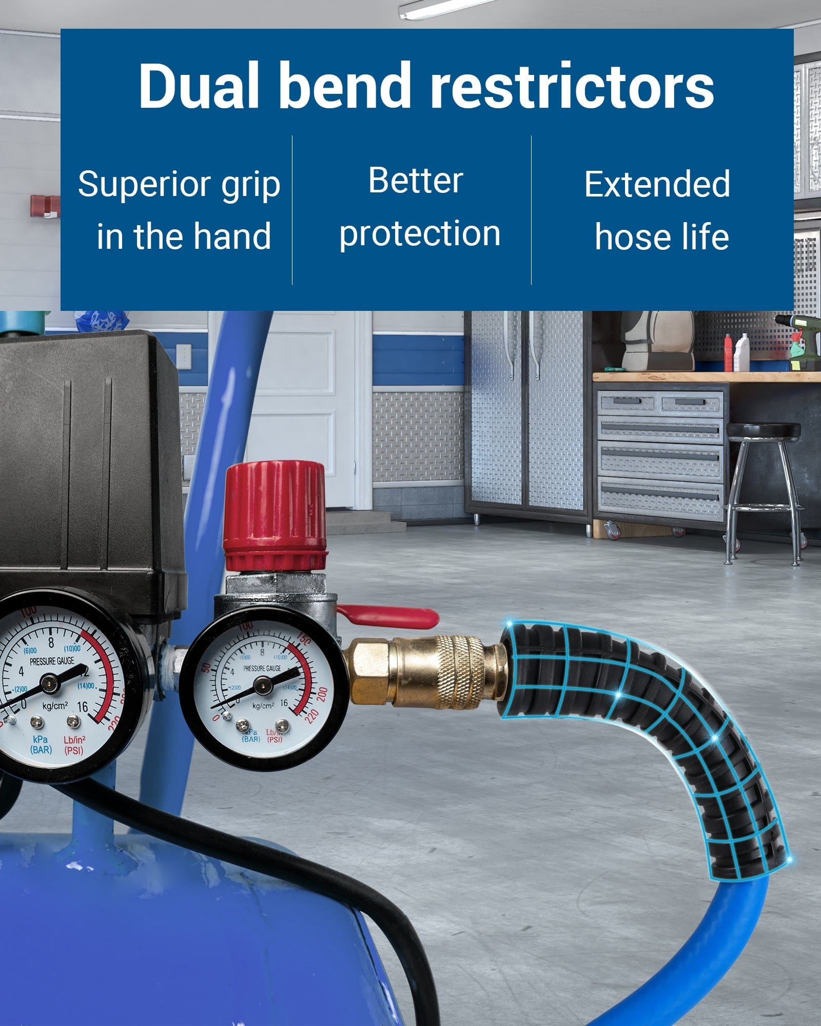 DEWENWILS Air Hose 1/4 Inch by 25FT 300 PSI, Heavy Duty Air Compressor Hose with 1/4" Industrial Quick Coupler Fittings, Flexible and Kink Resistant Hybrid Air Hose (Blue)-HHAH25H