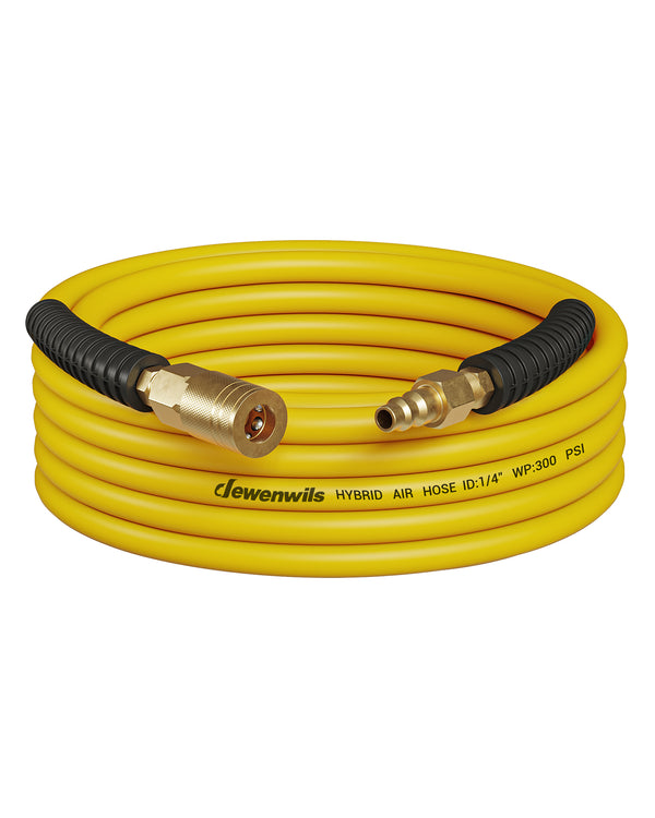 DEWENWILS 1/4 Inch x 25FT Air Hose 300 PSI, Heavy Duty Air Compressor Hose with 1/4" Industrial Quick Coupler Fittings, Flexible and Kink Resistant Hybrid Air Hose (Yellow)-HHAH25J