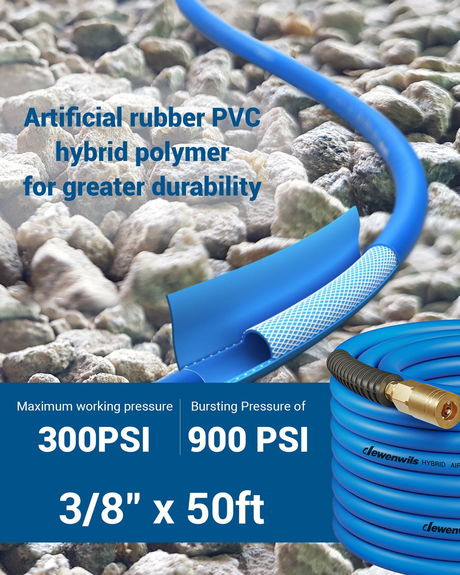 DEWENWILS Air Hose 3/8 Inch by 50FT 300 PSI, Heavy Duty Air Compressor Hose with 1/4" Industrial Quick Coupler Fittings, Flexible and Kink Resistant Hybrid Air Hose (Blue)-HHAH50A