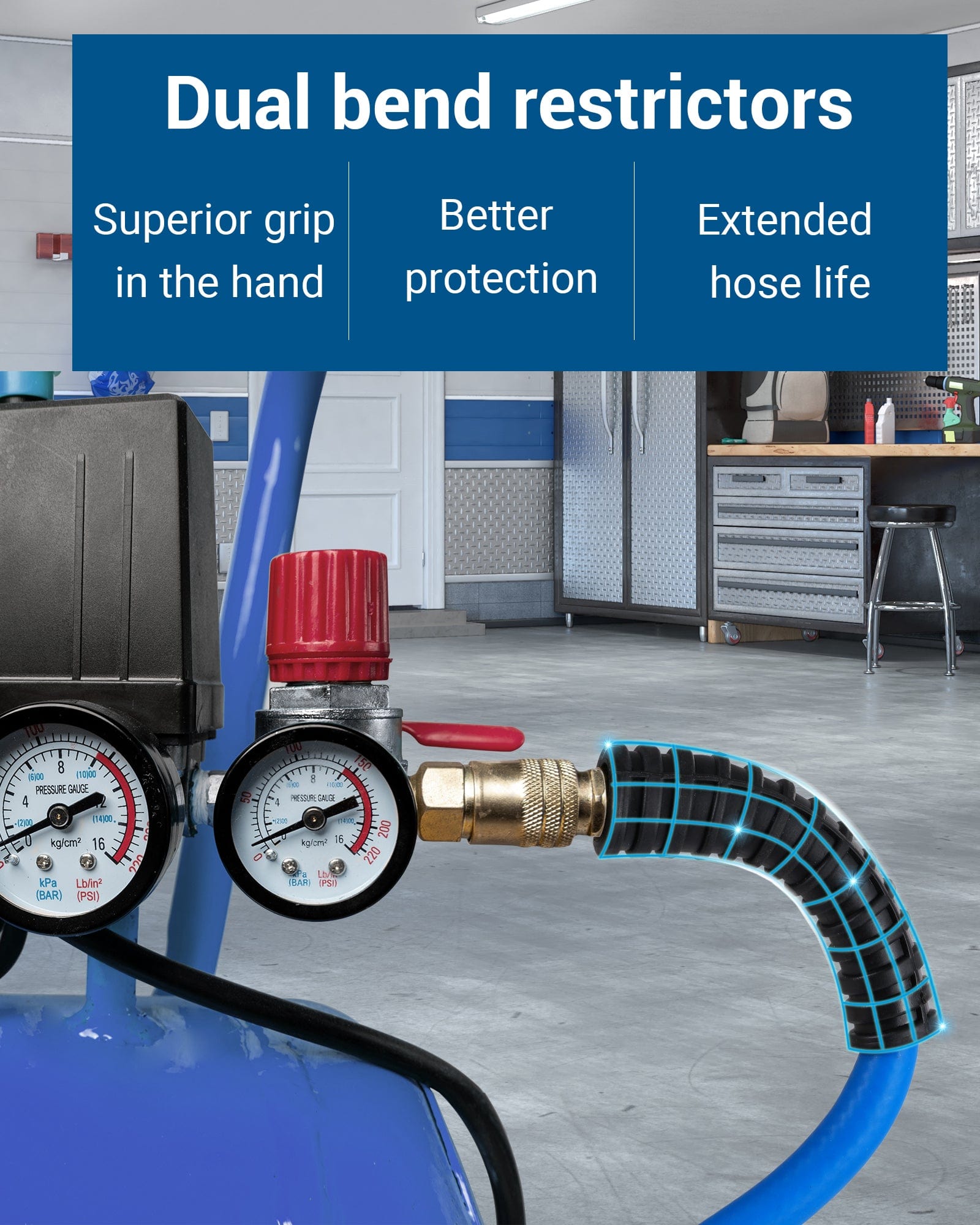 DEWENWILS Air Hose 3/8 Inch by 50FT 300 PSI, Heavy Duty Air Compressor Hose with 1/4" Industrial Quick Coupler Fittings, Flexible and Kink Resistant Hybrid Air Hose (Blue)-HHAH50A